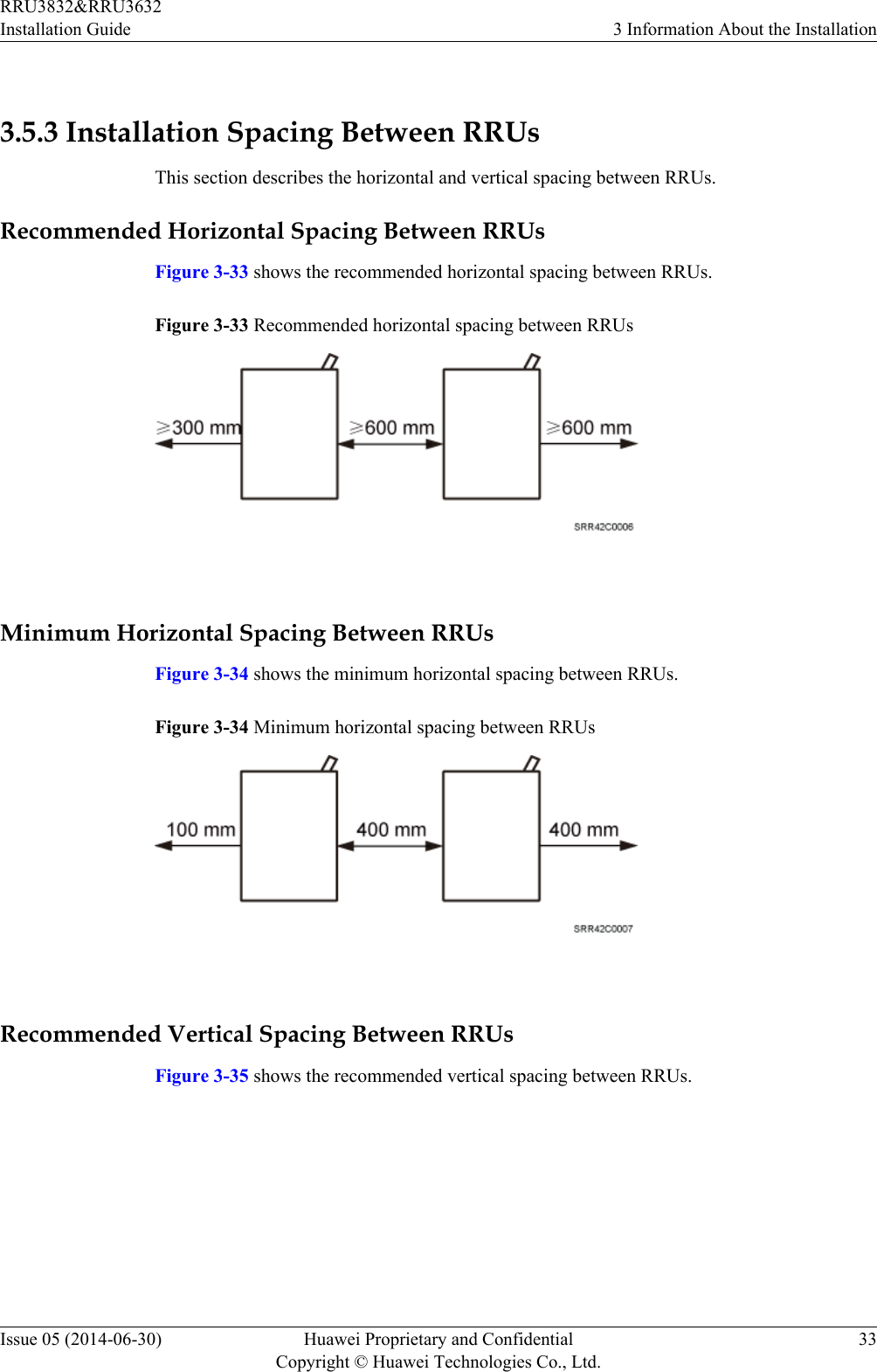  3.5.3 Installation Spacing Between RRUsThis section describes the horizontal and vertical spacing between RRUs.Recommended Horizontal Spacing Between RRUsFigure 3-33 shows the recommended horizontal spacing between RRUs.Figure 3-33 Recommended horizontal spacing between RRUs Minimum Horizontal Spacing Between RRUsFigure 3-34 shows the minimum horizontal spacing between RRUs.Figure 3-34 Minimum horizontal spacing between RRUs Recommended Vertical Spacing Between RRUsFigure 3-35 shows the recommended vertical spacing between RRUs.RRU3832&amp;RRU3632Installation Guide 3 Information About the InstallationIssue 05 (2014-06-30) Huawei Proprietary and ConfidentialCopyright © Huawei Technologies Co., Ltd.33