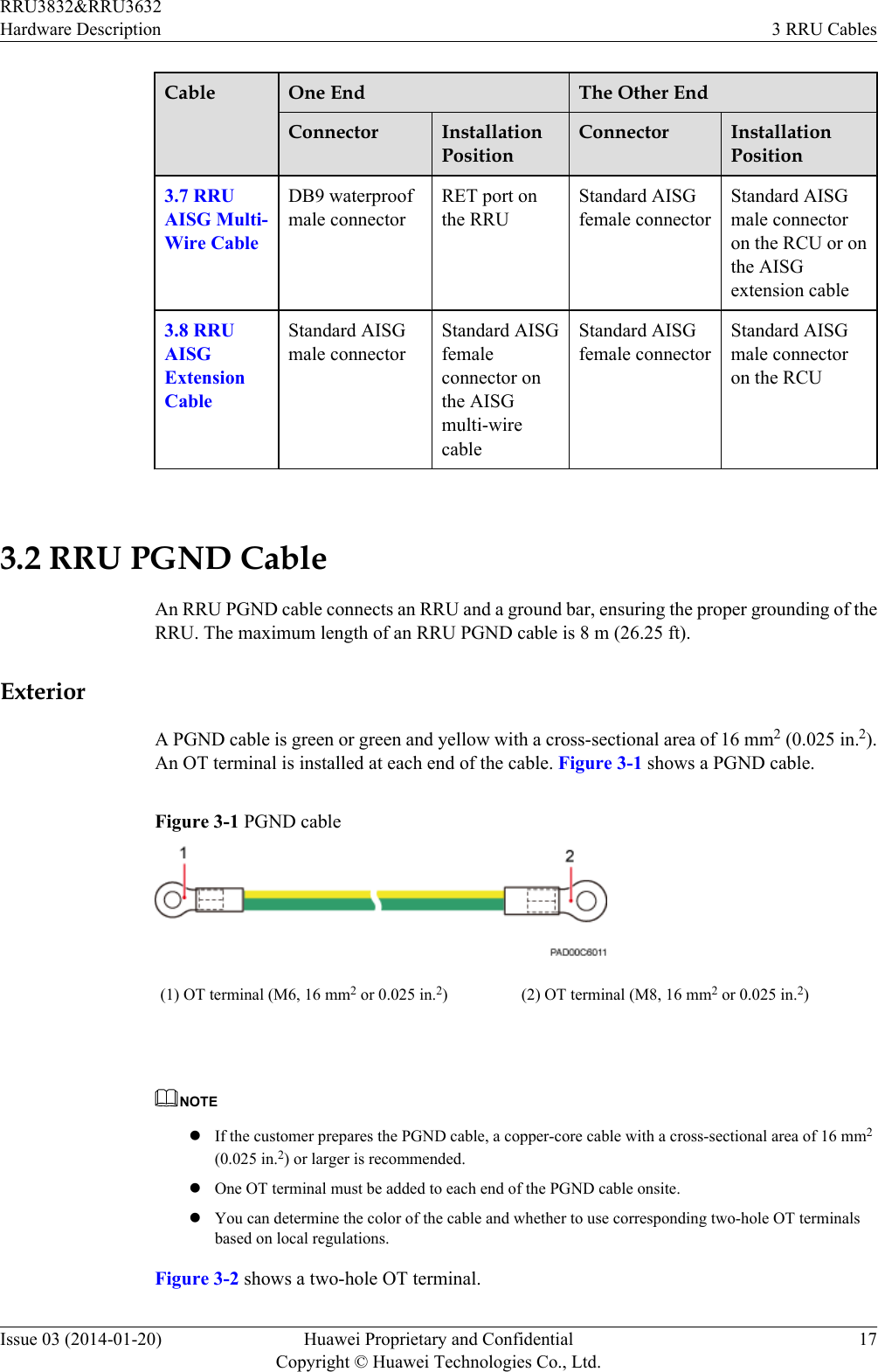 Cable One End The Other EndConnector InstallationPositionConnector InstallationPosition3.7 RRUAISG Multi-Wire CableDB9 waterproofmale connectorRET port onthe RRUStandard AISGfemale connectorStandard AISGmale connectoron the RCU or onthe AISGextension cable3.8 RRUAISGExtensionCableStandard AISGmale connectorStandard AISGfemaleconnector onthe AISGmulti-wirecableStandard AISGfemale connectorStandard AISGmale connectoron the RCU 3.2 RRU PGND CableAn RRU PGND cable connects an RRU and a ground bar, ensuring the proper grounding of theRRU. The maximum length of an RRU PGND cable is 8 m (26.25 ft).ExteriorA PGND cable is green or green and yellow with a cross-sectional area of 16 mm2 (0.025 in.2).An OT terminal is installed at each end of the cable. Figure 3-1 shows a PGND cable.Figure 3-1 PGND cable(1) OT terminal (M6, 16 mm2 or 0.025 in.2) (2) OT terminal (M8, 16 mm2 or 0.025 in.2) NOTElIf the customer prepares the PGND cable, a copper-core cable with a cross-sectional area of 16 mm2(0.025 in.2) or larger is recommended.lOne OT terminal must be added to each end of the PGND cable onsite.lYou can determine the color of the cable and whether to use corresponding two-hole OT terminalsbased on local regulations.Figure 3-2 shows a two-hole OT terminal.RRU3832&amp;RRU3632Hardware Description 3 RRU CablesIssue 03 (2014-01-20) Huawei Proprietary and ConfidentialCopyright © Huawei Technologies Co., Ltd.17