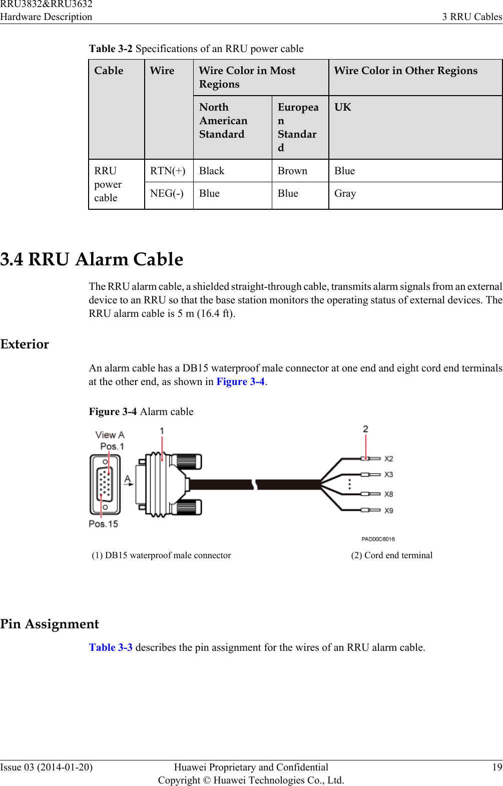 Table 3-2 Specifications of an RRU power cableCable Wire Wire Color in MostRegionsWire Color in Other RegionsNorthAmericanStandardEuropeanStandardUKRRUpowercableRTN(+) Black Brown BlueNEG(-) Blue Blue Gray 3.4 RRU Alarm CableThe RRU alarm cable, a shielded straight-through cable, transmits alarm signals from an externaldevice to an RRU so that the base station monitors the operating status of external devices. TheRRU alarm cable is 5 m (16.4 ft).ExteriorAn alarm cable has a DB15 waterproof male connector at one end and eight cord end terminalsat the other end, as shown in Figure 3-4.Figure 3-4 Alarm cable(1) DB15 waterproof male connector (2) Cord end terminal Pin AssignmentTable 3-3 describes the pin assignment for the wires of an RRU alarm cable.RRU3832&amp;RRU3632Hardware Description 3 RRU CablesIssue 03 (2014-01-20) Huawei Proprietary and ConfidentialCopyright © Huawei Technologies Co., Ltd.19