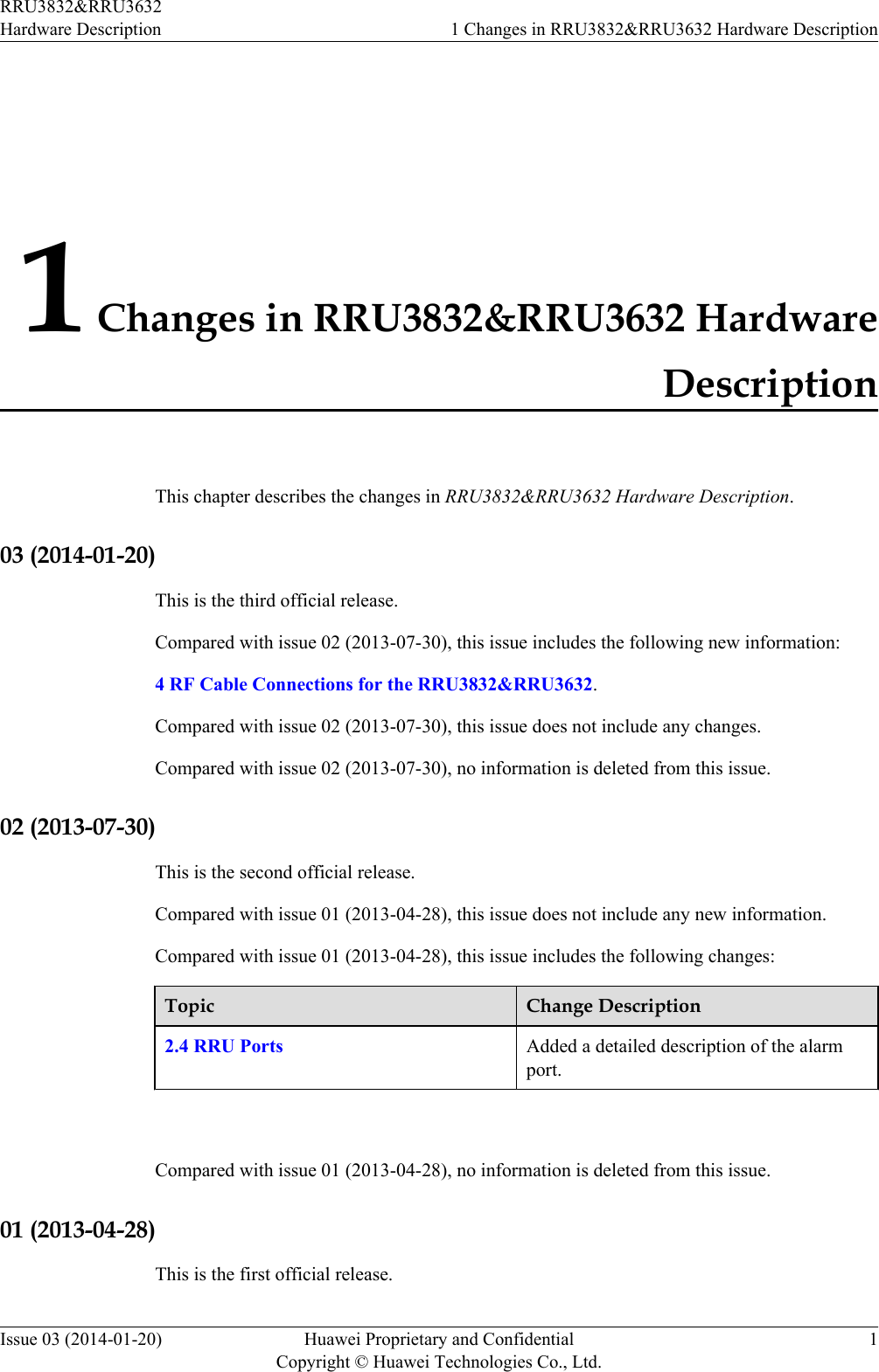 1 Changes in RRU3832&amp;RRU3632 HardwareDescriptionThis chapter describes the changes in RRU3832&amp;RRU3632 Hardware Description.03 (2014-01-20)This is the third official release.Compared with issue 02 (2013-07-30), this issue includes the following new information:4 RF Cable Connections for the RRU3832&amp;RRU3632.Compared with issue 02 (2013-07-30), this issue does not include any changes.Compared with issue 02 (2013-07-30), no information is deleted from this issue.02 (2013-07-30)This is the second official release.Compared with issue 01 (2013-04-28), this issue does not include any new information.Compared with issue 01 (2013-04-28), this issue includes the following changes:Topic Change Description2.4 RRU Ports Added a detailed description of the alarmport. Compared with issue 01 (2013-04-28), no information is deleted from this issue.01 (2013-04-28)This is the first official release.RRU3832&amp;RRU3632Hardware Description 1 Changes in RRU3832&amp;RRU3632 Hardware DescriptionIssue 03 (2014-01-20) Huawei Proprietary and ConfidentialCopyright © Huawei Technologies Co., Ltd.1