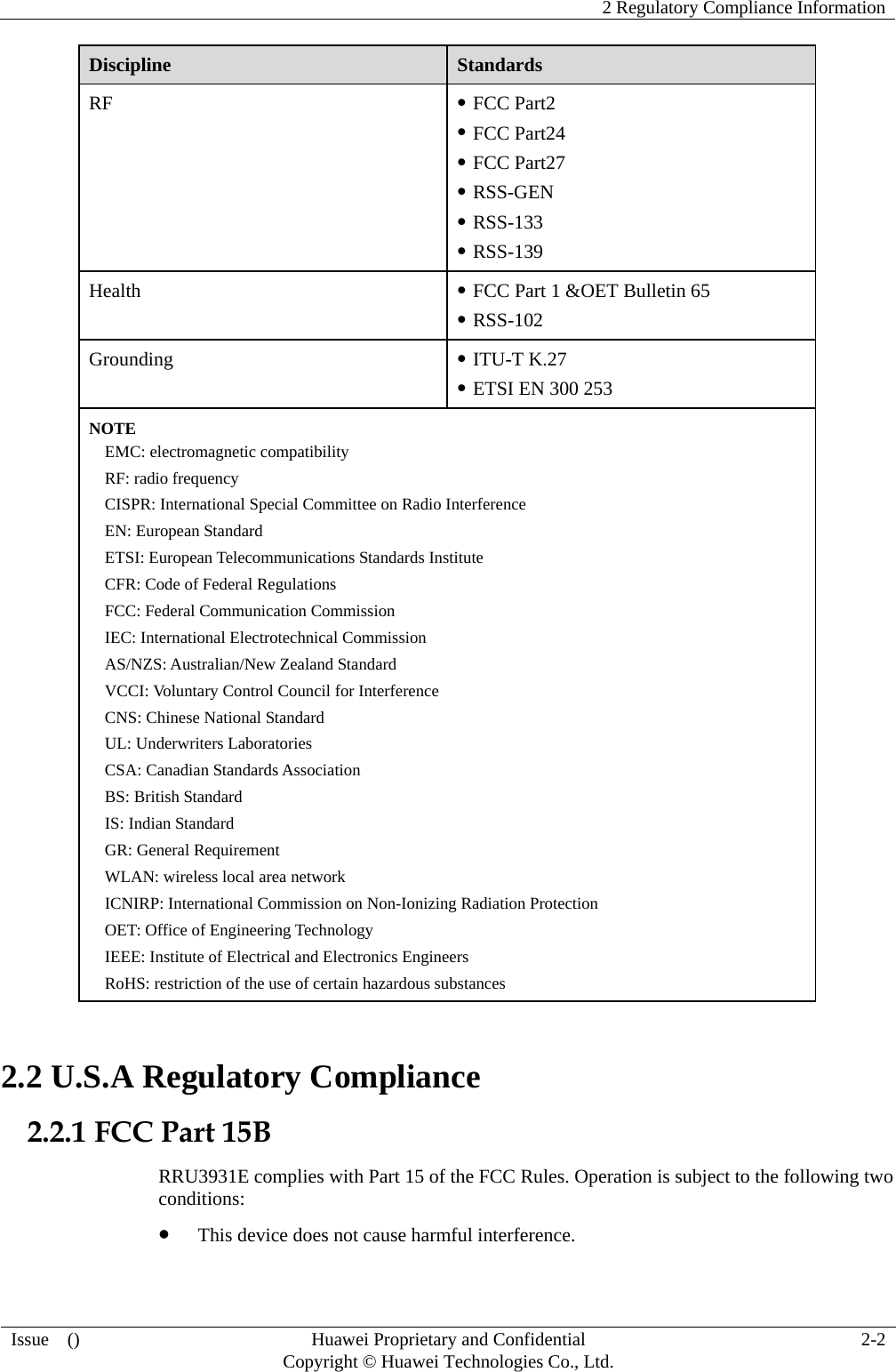    2 Regulatory Compliance Information Issue  ()  Huawei Proprietary and Confidential     Copyright © Huawei Technologies Co., Ltd. 2-2 Discipline  Standards RF  z FCC Part2 z FCC Part24 z FCC Part27 z RSS-GEN z RSS-133 z RSS-139 Health  z FCC Part 1 &amp;OET Bulletin 65 z RSS-102 Grounding  z ITU-T K.27 z ETSI EN 300 253 NOTE EMC: electromagnetic compatibility RF: radio frequency CISPR: International Special Committee on Radio Interference EN: European Standard ETSI: European Telecommunications Standards Institute CFR: Code of Federal Regulations FCC: Federal Communication Commission IEC: International Electrotechnical Commission AS/NZS: Australian/New Zealand Standard VCCI: Voluntary Control Council for Interference CNS: Chinese National Standard UL: Underwriters Laboratories CSA: Canadian Standards Association BS: British Standard IS: Indian Standard GR: General Requirement WLAN: wireless local area network ICNIRP: International Commission on Non-Ionizing Radiation Protection OET: Office of Engineering Technology IEEE: Institute of Electrical and Electronics Engineers RoHS: restriction of the use of certain hazardous substances 2.2 U.S.A Regulatory Compliance 2.2.1 FCC Part 15B RRU3931E complies with Part 15 of the FCC Rules. Operation is subject to the following two conditions: z This device does not cause harmful interference. 