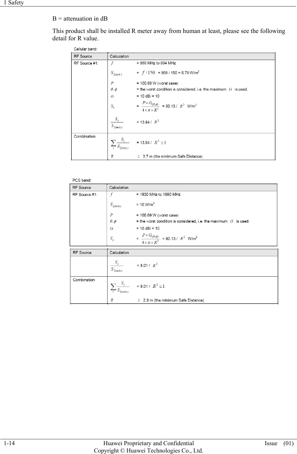 1 Safety    1-14  Huawei Proprietary and Confidential         Copyright © Huawei Technologies Co., Ltd. Issue  (01)  B = attenuation in dB This product shall be installed R meter away from human at least, please see the following detail for R value.     