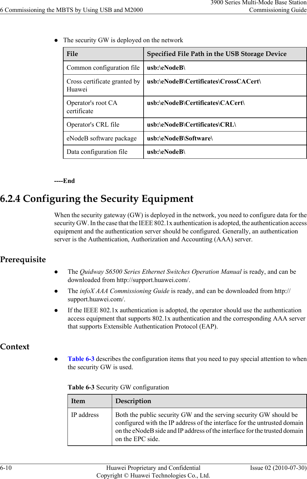  lThe security GW is deployed on the networkFile Specified File Path in the USB Storage DeviceCommon configuration file usb:\eNodeB\Cross certificate granted byHuaweiusb:\eNodeB\Certificates\CrossCACert\Operator&apos;s root CAcertificateusb:\eNodeB\Certificates\CACert\Operator&apos;s CRL file usb:\eNodeB\Certificates\CRL\eNodeB software package usb:\eNodeB\Software\Data configuration file usb:\eNodeB\ ----End6.2.4 Configuring the Security EquipmentWhen the security gateway (GW) is deployed in the network, you need to configure data for thesecurity GW. In the case that the IEEE 802.1x authentication is adopted, the authentication accessequipment and the authentication server should be configured. Generally, an authenticationserver is the Authentication, Authorization and Accounting (AAA) server.PrerequisitelThe Quidway S6500 Series Ethernet Switches Operation Manual is ready, and can bedownloaded from http://support.huawei.com/.lThe infoX AAA Commissioning Guide is ready, and can be downloaded from http://support.huawei.com/.lIf the IEEE 802.1x authentication is adopted, the operator should use the authenticationaccess equipment that supports 802.1x authentication and the corresponding AAA serverthat supports Extensible Authentication Protocol (EAP).ContextlTable 6-3 describes the configuration items that you need to pay special attention to whenthe security GW is used.Table 6-3 Security GW configurationItem DescriptionIP address Both the public security GW and the serving security GW should beconfigured with the IP address of the interface for the untrusted domainon the eNodeB side and IP address of the interface for the trusted domainon the EPC side.6 Commissioning the MBTS by Using USB and M20003900 Series Multi-Mode Base StationCommissioning Guide6-10 Huawei Proprietary and ConfidentialCopyright © Huawei Technologies Co., Ltd.Issue 02 (2010-07-30)