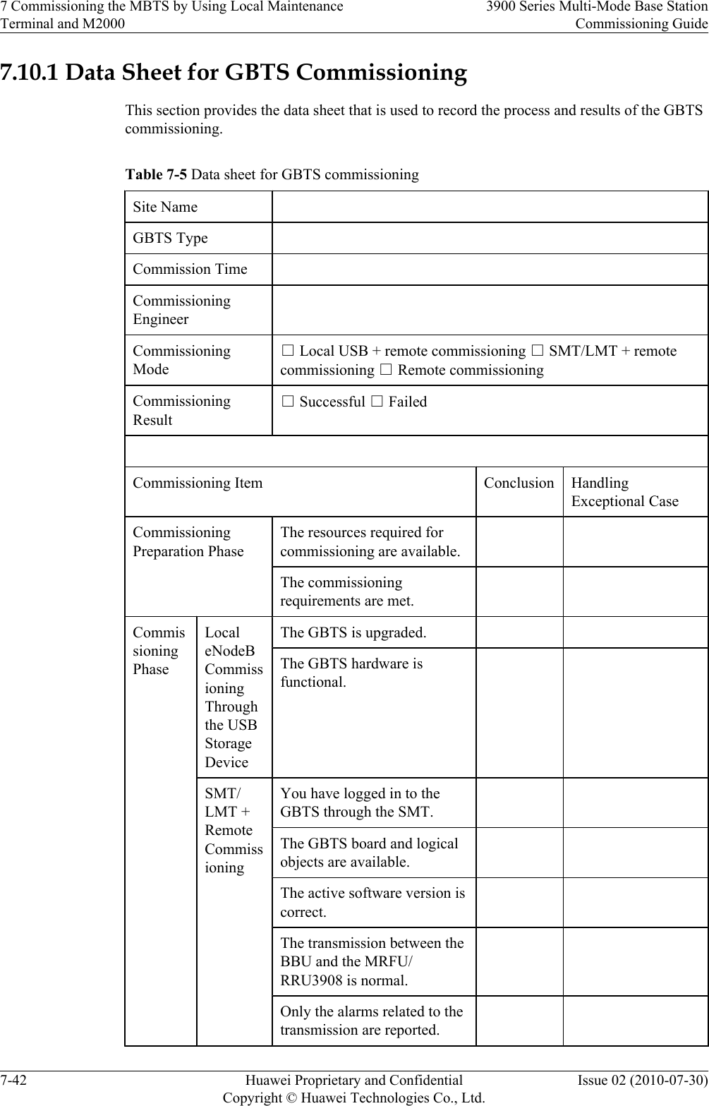 7.10.1 Data Sheet for GBTS CommissioningThis section provides the data sheet that is used to record the process and results of the GBTScommissioning.Table 7-5 Data sheet for GBTS commissioningSite Name  GBTS Type  Commission Time  CommissioningEngineer CommissioningMode□ Local USB + remote commissioning □ SMT/LMT + remotecommissioning □ Remote commissioningCommissioningResult□ Successful □ Failed Commissioning Item Conclusion HandlingExceptional CaseCommissioningPreparation PhaseThe resources required forcommissioning are available.   The commissioningrequirements are met.   CommissioningPhaseLocaleNodeBCommissioningThroughthe USBStorageDeviceThe GBTS is upgraded.    The GBTS hardware isfunctional.   SMT/LMT +RemoteCommissioningYou have logged in to theGBTS through the SMT.   The GBTS board and logicalobjects are available.   The active software version iscorrect.   The transmission between theBBU and the MRFU/RRU3908 is normal.   Only the alarms related to thetransmission are reported.   7 Commissioning the MBTS by Using Local MaintenanceTerminal and M20003900 Series Multi-Mode Base StationCommissioning Guide7-42 Huawei Proprietary and ConfidentialCopyright © Huawei Technologies Co., Ltd.Issue 02 (2010-07-30)
