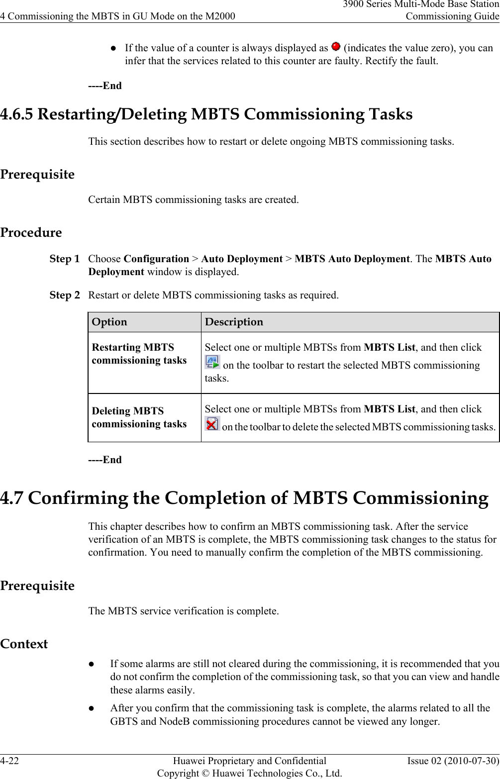 lIf the value of a counter is always displayed as   (indicates the value zero), you caninfer that the services related to this counter are faulty. Rectify the fault.----End4.6.5 Restarting/Deleting MBTS Commissioning TasksThis section describes how to restart or delete ongoing MBTS commissioning tasks.PrerequisiteCertain MBTS commissioning tasks are created.ProcedureStep 1 Choose Configuration &gt; Auto Deployment &gt; MBTS Auto Deployment. The MBTS AutoDeployment window is displayed.Step 2 Restart or delete MBTS commissioning tasks as required.Option DescriptionRestarting MBTScommissioning tasksSelect one or multiple MBTSs from MBTS List, and then click on the toolbar to restart the selected MBTS commissioningtasks.Deleting MBTScommissioning tasksSelect one or multiple MBTSs from MBTS List, and then click on the toolbar to delete the selected MBTS commissioning tasks.----End4.7 Confirming the Completion of MBTS CommissioningThis chapter describes how to confirm an MBTS commissioning task. After the serviceverification of an MBTS is complete, the MBTS commissioning task changes to the status forconfirmation. You need to manually confirm the completion of the MBTS commissioning.PrerequisiteThe MBTS service verification is complete.ContextlIf some alarms are still not cleared during the commissioning, it is recommended that youdo not confirm the completion of the commissioning task, so that you can view and handlethese alarms easily.lAfter you confirm that the commissioning task is complete, the alarms related to all theGBTS and NodeB commissioning procedures cannot be viewed any longer.4 Commissioning the MBTS in GU Mode on the M20003900 Series Multi-Mode Base StationCommissioning Guide4-22 Huawei Proprietary and ConfidentialCopyright © Huawei Technologies Co., Ltd.Issue 02 (2010-07-30)