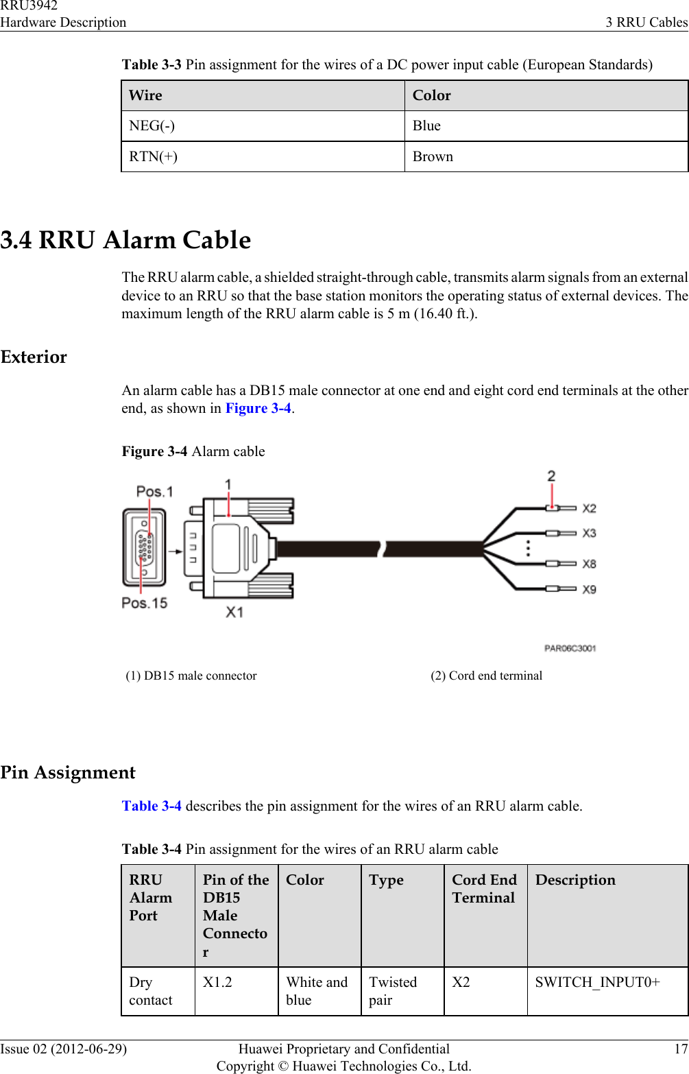 Table 3-3 Pin assignment for the wires of a DC power input cable (European Standards)Wire ColorNEG(-) BlueRTN(+) Brown 3.4 RRU Alarm CableThe RRU alarm cable, a shielded straight-through cable, transmits alarm signals from an externaldevice to an RRU so that the base station monitors the operating status of external devices. Themaximum length of the RRU alarm cable is 5 m (16.40 ft.).ExteriorAn alarm cable has a DB15 male connector at one end and eight cord end terminals at the otherend, as shown in Figure 3-4.Figure 3-4 Alarm cable(1) DB15 male connector (2) Cord end terminal Pin AssignmentTable 3-4 describes the pin assignment for the wires of an RRU alarm cable.Table 3-4 Pin assignment for the wires of an RRU alarm cableRRUAlarmPortPin of theDB15MaleConnectorColor Type Cord EndTerminalDescriptionDrycontactX1.2 White andblueTwistedpairX2 SWITCH_INPUT0+RRU3942Hardware Description 3 RRU CablesIssue 02 (2012-06-29) Huawei Proprietary and ConfidentialCopyright © Huawei Technologies Co., Ltd.17