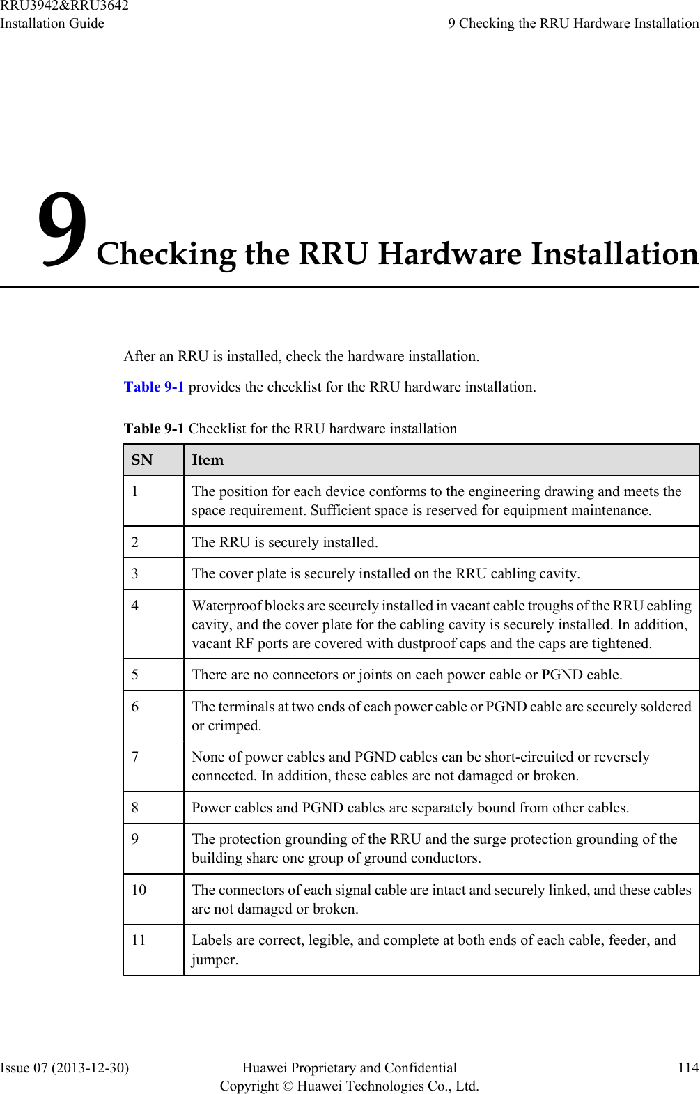 9 Checking the RRU Hardware InstallationAfter an RRU is installed, check the hardware installation.Table 9-1 provides the checklist for the RRU hardware installation.Table 9-1 Checklist for the RRU hardware installationSN Item1The position for each device conforms to the engineering drawing and meets thespace requirement. Sufficient space is reserved for equipment maintenance.2 The RRU is securely installed.3 The cover plate is securely installed on the RRU cabling cavity.4 Waterproof blocks are securely installed in vacant cable troughs of the RRU cablingcavity, and the cover plate for the cabling cavity is securely installed. In addition,vacant RF ports are covered with dustproof caps and the caps are tightened.5 There are no connectors or joints on each power cable or PGND cable.6 The terminals at two ends of each power cable or PGND cable are securely solderedor crimped.7 None of power cables and PGND cables can be short-circuited or reverselyconnected. In addition, these cables are not damaged or broken.8 Power cables and PGND cables are separately bound from other cables.9 The protection grounding of the RRU and the surge protection grounding of thebuilding share one group of ground conductors.10 The connectors of each signal cable are intact and securely linked, and these cablesare not damaged or broken.11 Labels are correct, legible, and complete at both ends of each cable, feeder, andjumper.RRU3942&amp;RRU3642Installation Guide 9 Checking the RRU Hardware InstallationIssue 07 (2013-12-30) Huawei Proprietary and ConfidentialCopyright © Huawei Technologies Co., Ltd.114
