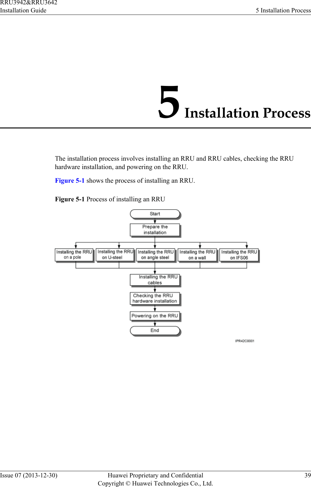5 Installation ProcessThe installation process involves installing an RRU and RRU cables, checking the RRUhardware installation, and powering on the RRU.Figure 5-1 shows the process of installing an RRU.Figure 5-1 Process of installing an RRURRU3942&amp;RRU3642Installation Guide 5 Installation ProcessIssue 07 (2013-12-30) Huawei Proprietary and ConfidentialCopyright © Huawei Technologies Co., Ltd.39