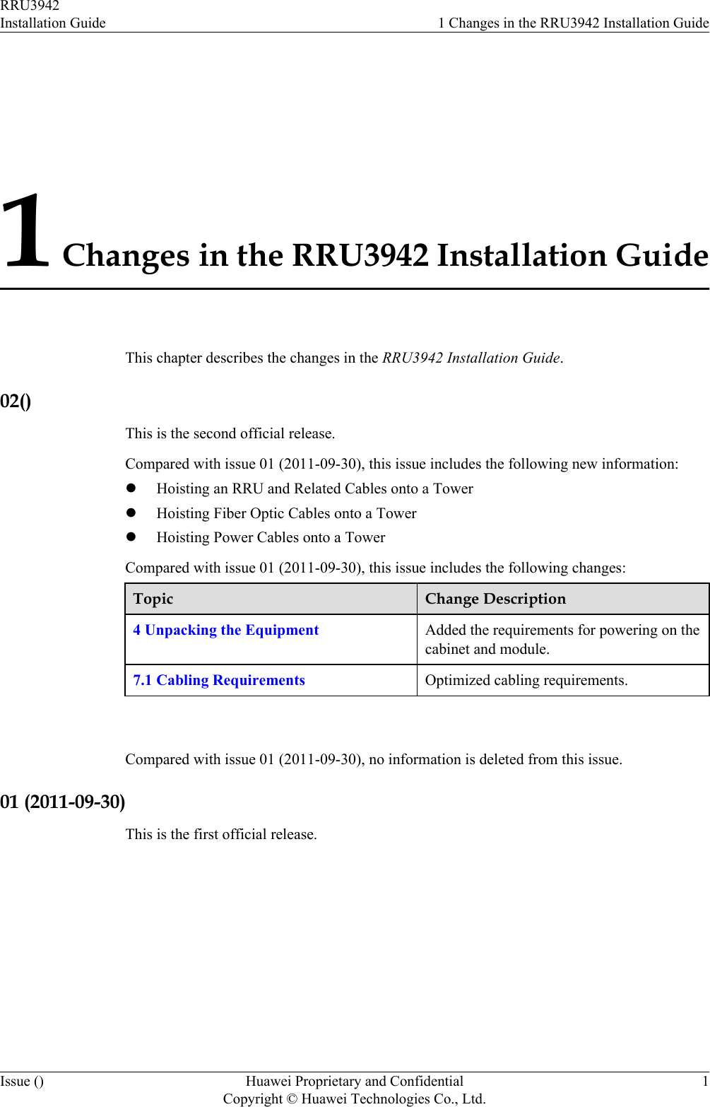 1 Changes in the RRU3942 Installation GuideThis chapter describes the changes in the RRU3942 Installation Guide.02()This is the second official release.Compared with issue 01 (2011-09-30), this issue includes the following new information:lHoisting an RRU and Related Cables onto a TowerlHoisting Fiber Optic Cables onto a TowerlHoisting Power Cables onto a TowerCompared with issue 01 (2011-09-30), this issue includes the following changes:Topic Change Description4 Unpacking the Equipment Added the requirements for powering on thecabinet and module.7.1 Cabling Requirements Optimized cabling requirements. Compared with issue 01 (2011-09-30), no information is deleted from this issue.01 (2011-09-30)This is the first official release.RRU3942Installation Guide 1 Changes in the RRU3942 Installation GuideIssue () Huawei Proprietary and ConfidentialCopyright © Huawei Technologies Co., Ltd.1