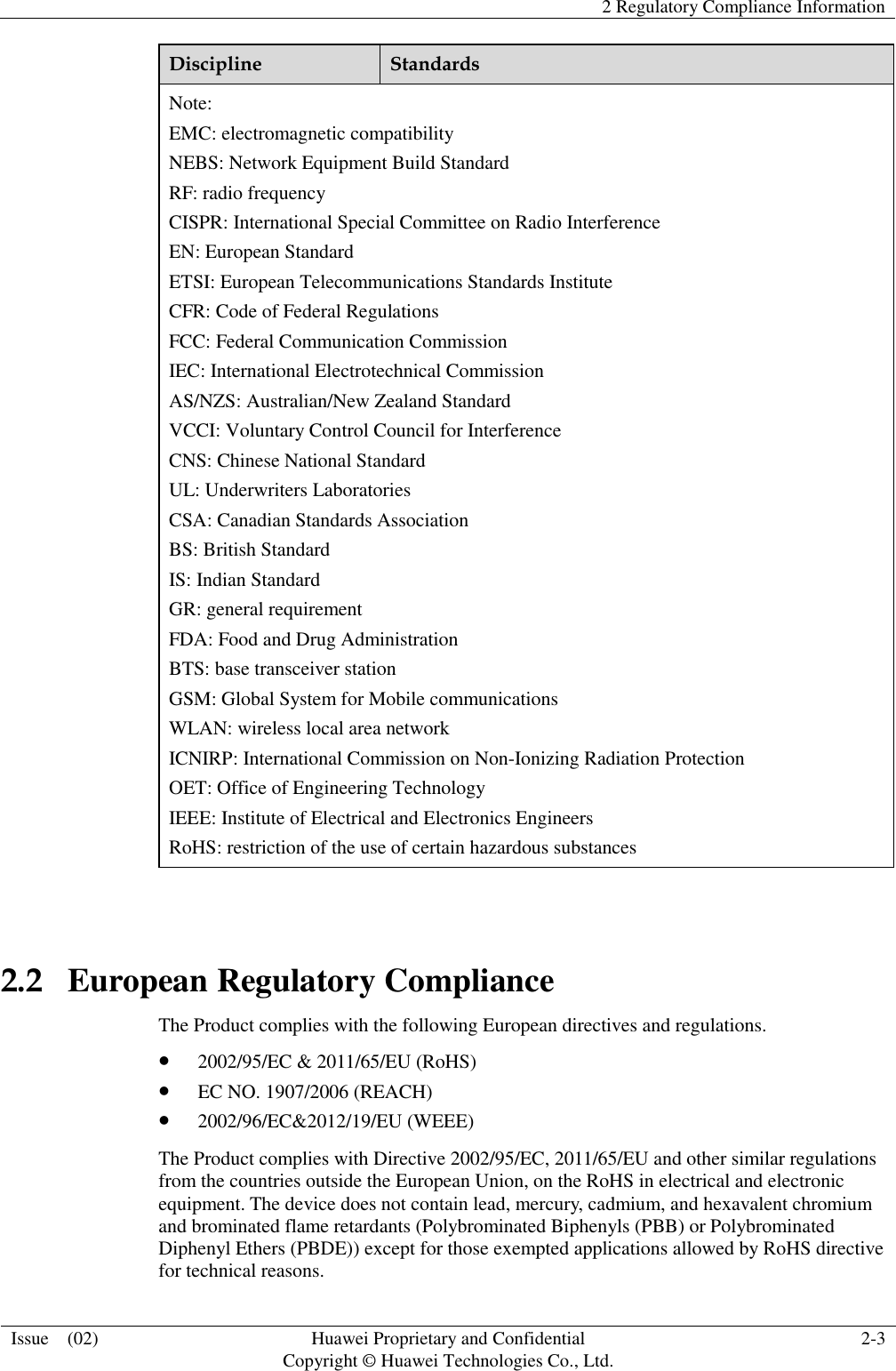   2 Regulatory Compliance Information  Issue    (02) Huawei Proprietary and Confidential                                     Copyright © Huawei Technologies Co., Ltd. 2-3  Discipline Standards Note: EMC: electromagnetic compatibility NEBS: Network Equipment Build Standard RF: radio frequency CISPR: International Special Committee on Radio Interference EN: European Standard ETSI: European Telecommunications Standards Institute CFR: Code of Federal Regulations FCC: Federal Communication Commission IEC: International Electrotechnical Commission AS/NZS: Australian/New Zealand Standard VCCI: Voluntary Control Council for Interference CNS: Chinese National Standard UL: Underwriters Laboratories CSA: Canadian Standards Association BS: British Standard IS: Indian Standard GR: general requirement FDA: Food and Drug Administration BTS: base transceiver station GSM: Global System for Mobile communications WLAN: wireless local area network ICNIRP: International Commission on Non-Ionizing Radiation Protection OET: Office of Engineering Technology IEEE: Institute of Electrical and Electronics Engineers RoHS: restriction of the use of certain hazardous substances  2.2   European Regulatory Compliance The Product complies with the following European directives and regulations.  2002/95/EC &amp; 2011/65/EU (RoHS)  EC NO. 1907/2006 (REACH)  2002/96/EC&amp;2012/19/EU (WEEE) The Product complies with Directive 2002/95/EC, 2011/65/EU and other similar regulations from the countries outside the European Union, on the RoHS in electrical and electronic equipment. The device does not contain lead, mercury, cadmium, and hexavalent chromium and brominated flame retardants (Polybrominated Biphenyls (PBB) or Polybrominated Diphenyl Ethers (PBDE)) except for those exempted applications allowed by RoHS directive for technical reasons.   