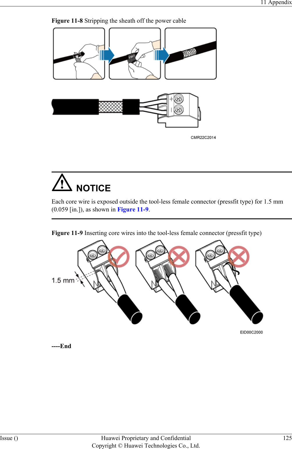 Figure 11-8 Stripping the sheath off the power cable NOTICEEach core wire is exposed outside the tool-less female connector (pressfit type) for 1.5 mm(0.059 [in.]), as shown in Figure 11-9.Figure 11-9 Inserting core wires into the tool-less female connector (pressfit type)----End11 AppendixIssue () Huawei Proprietary and ConfidentialCopyright © Huawei Technologies Co., Ltd.125