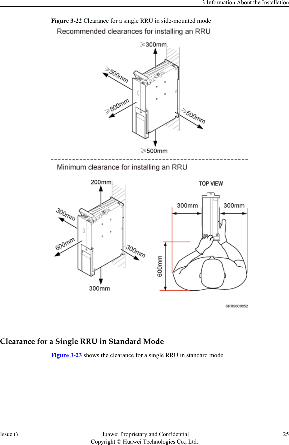 Figure 3-22 Clearance for a single RRU in side-mounted mode Clearance for a Single RRU in Standard ModeFigure 3-23 shows the clearance for a single RRU in standard mode.3 Information About the InstallationIssue () Huawei Proprietary and ConfidentialCopyright © Huawei Technologies Co., Ltd.25