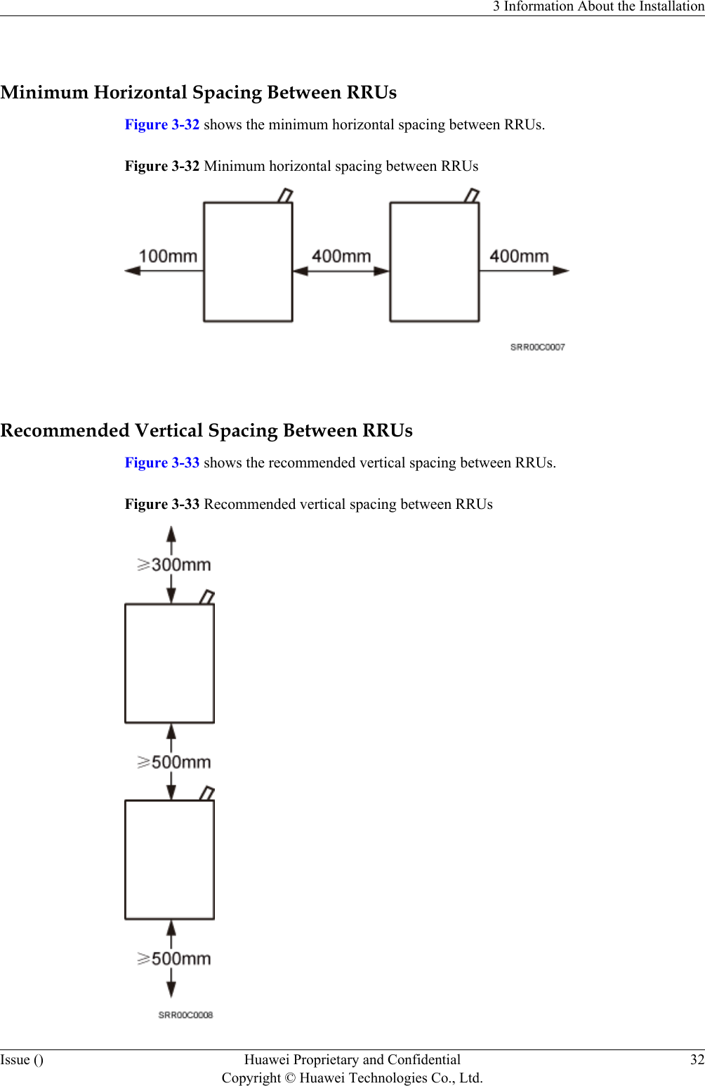 Minimum Horizontal Spacing Between RRUsFigure 3-32 shows the minimum horizontal spacing between RRUs.Figure 3-32 Minimum horizontal spacing between RRUs Recommended Vertical Spacing Between RRUsFigure 3-33 shows the recommended vertical spacing between RRUs.Figure 3-33 Recommended vertical spacing between RRUs3 Information About the InstallationIssue () Huawei Proprietary and ConfidentialCopyright © Huawei Technologies Co., Ltd.32