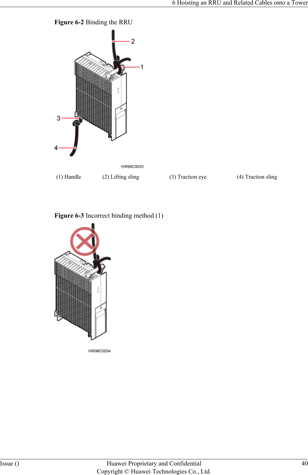 Figure 6-2 Binding the RRU(1) Handle (2) Lifting sling (3) Traction eye (4) Traction sling Figure 6-3 Incorrect binding method (1) 6 Hoisting an RRU and Related Cables onto a TowerIssue () Huawei Proprietary and ConfidentialCopyright © Huawei Technologies Co., Ltd.40