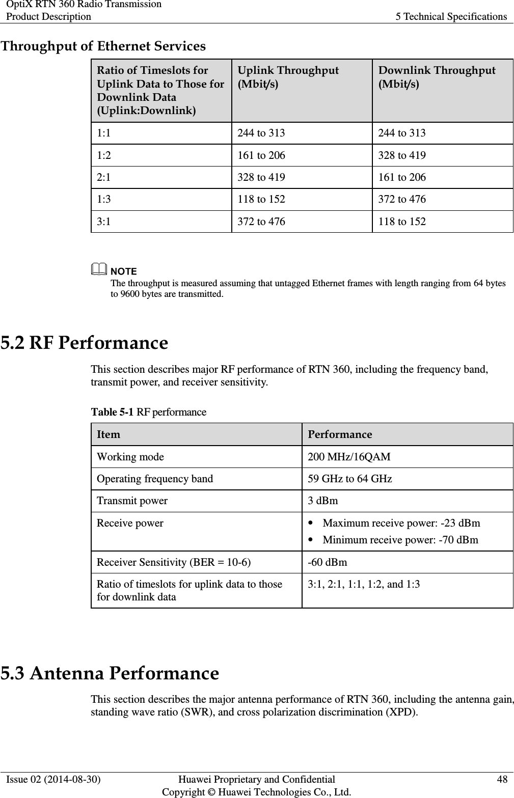 OptiX RTN 360 Radio Transmission Product Description 5 Technical Specifications  Issue 02 (2014-08-30) Huawei Proprietary and Confidential                                     Copyright © Huawei Technologies Co., Ltd. 48  Throughput of Ethernet Services Ratio of Timeslots for Uplink Data to Those for Downlink Data (Uplink:Downlink) Uplink Throughput (Mbit/s) Downlink Throughput (Mbit/s) 1:1 244 to 313 244 to 313 1:2 161 to 206 328 to 419 2:1 328 to 419 161 to 206 1:3 118 to 152 372 to 476 3:1 372 to 476 118 to 152   The throughput is measured assuming that untagged Ethernet frames with length ranging from 64 bytes to 9600 bytes are transmitted. 5.2 RF Performance This section describes major RF performance of RTN 360, including the frequency band, transmit power, and receiver sensitivity. Table 5-1 RF performance Item Performance Working mode 200 MHz/16QAM Operating frequency band 59 GHz to 64 GHz Transmit power 3 dBm Receive power  Maximum receive power: -23 dBm  Minimum receive power: -70 dBm Receiver Sensitivity (BER = 10-6) -60 dBm Ratio of timeslots for uplink data to those for downlink data 3:1, 2:1, 1:1, 1:2, and 1:3  5.3 Antenna Performance This section describes the major antenna performance of RTN 360, including the antenna gain, standing wave ratio (SWR), and cross polarization discrimination (XPD). 