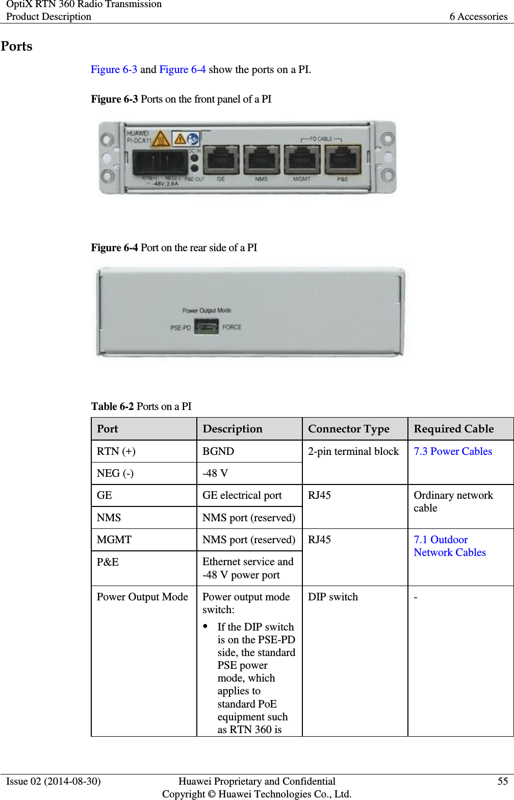 OptiX RTN 360 Radio Transmission Product Description 6 Accessories  Issue 02 (2014-08-30) Huawei Proprietary and Confidential                                     Copyright © Huawei Technologies Co., Ltd. 55  Ports Figure 6-3 and Figure 6-4 show the ports on a PI. Figure 6-3 Ports on the front panel of a PI   Figure 6-4 Port on the rear side of a PI   Table 6-2 Ports on a PI Port Description Connector Type Required Cable RTN (+) BGND 2-pin terminal block 7.3 Power Cables NEG (-) -48 V GE GE electrical port RJ45 Ordinary network cable NMS NMS port (reserved) MGMT NMS port (reserved) RJ45 7.1 Outdoor Network Cables P&amp;E Ethernet service and -48 V power port Power Output Mode Power output mode switch:  If the DIP switch is on the PSE-PD side, the standard PSE power mode, which applies to standard PoE equipment such as RTN 360 is DIP switch - 