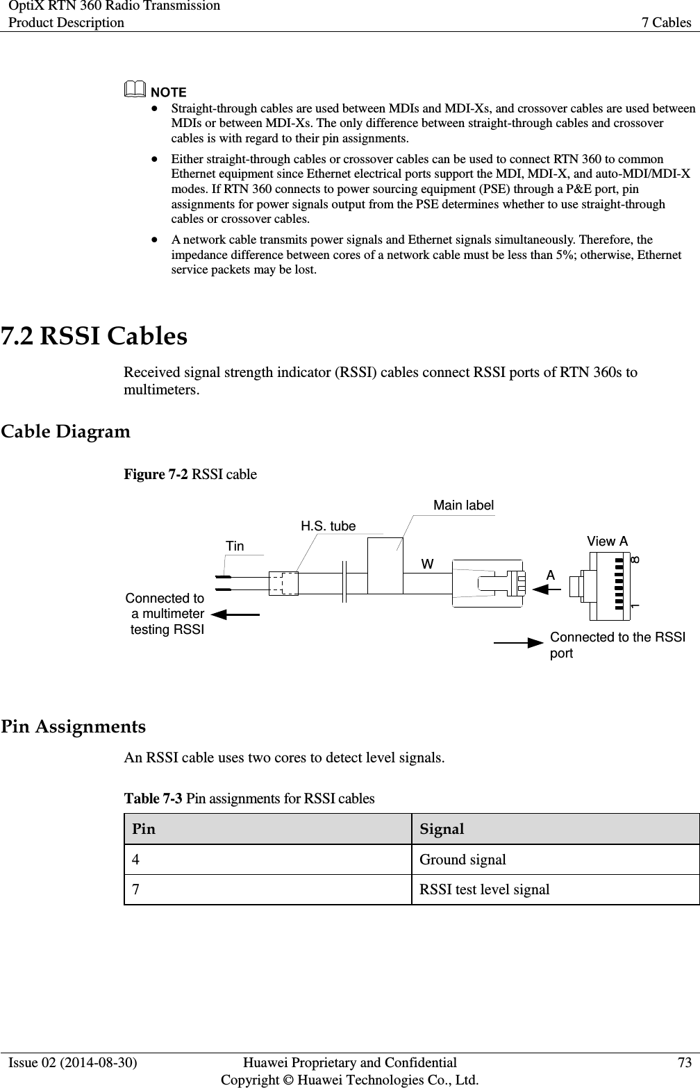 OptiX RTN 360 Radio Transmission Product Description 7 Cables  Issue 02 (2014-08-30) Huawei Proprietary and Confidential                                     Copyright © Huawei Technologies Co., Ltd. 73     Straight-through cables are used between MDIs and MDI-Xs, and crossover cables are used between MDIs or between MDI-Xs. The only difference between straight-through cables and crossover cables is with regard to their pin assignments.  Either straight-through cables or crossover cables can be used to connect RTN 360 to common Ethernet equipment since Ethernet electrical ports support the MDI, MDI-X, and auto-MDI/MDI-X modes. If RTN 360 connects to power sourcing equipment (PSE) through a P&amp;E port, pin assignments for power signals output from the PSE determines whether to use straight-through cables or crossover cables.  A network cable transmits power signals and Ethernet signals simultaneously. Therefore, the impedance difference between cores of a network cable must be less than 5%; otherwise, Ethernet service packets may be lost. 7.2 RSSI Cables Received signal strength indicator (RSSI) cables connect RSSI ports of RTN 360s to multimeters. Cable Diagram Figure 7-2 RSSI cable Connected to a multimeter testing RSSI Connected to the RSSI portTinH.S. tubeMain labelView AWA  Pin Assignments An RSSI cable uses two cores to detect level signals. Table 7-3 Pin assignments for RSSI cables Pin Signal 4 Ground signal 7 RSSI test level signal  