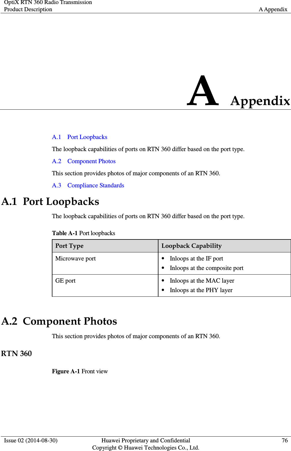 OptiX RTN 360 Radio Transmission Product Description A Appendix  Issue 02 (2014-08-30) Huawei Proprietary and Confidential                                     Copyright © Huawei Technologies Co., Ltd. 76  A Appendix A.1    Port Loopbacks The loopback capabilities of ports on RTN 360 differ based on the port type. A.2    Component Photos This section provides photos of major components of an RTN 360. A.3    Compliance Standards A.1  Port Loopbacks The loopback capabilities of ports on RTN 360 differ based on the port type. Table A-1 Port loopbacks Port Type Loopback Capability Microwave port  Inloops at the IF port  Inloops at the composite port   GE port  Inloops at the MAC layer  Inloops at the PHY layer  A.2  Component Photos This section provides photos of major components of an RTN 360. RTN 360 Figure A-1 Front view 