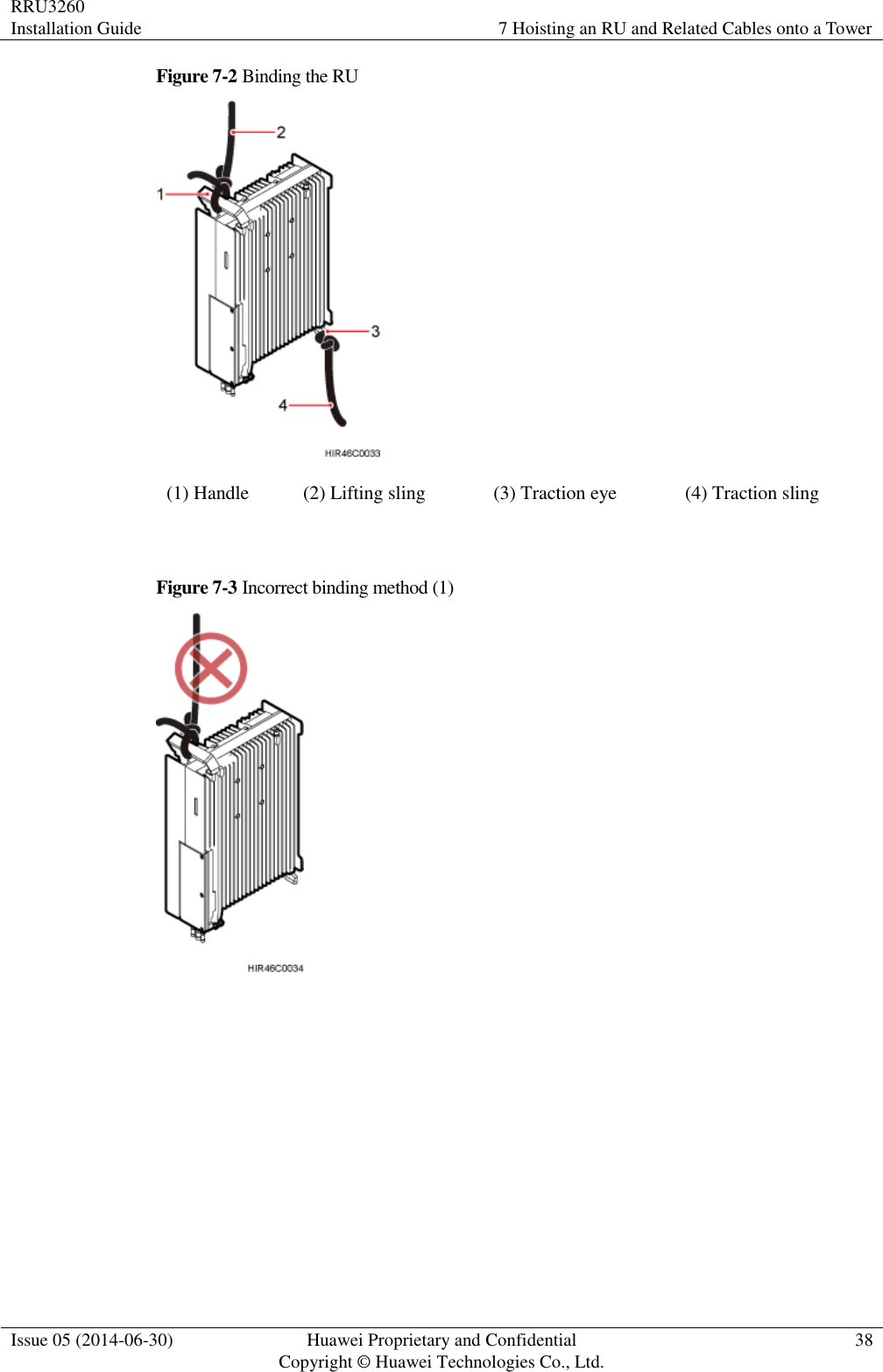 RRU3260 Installation Guide 7 Hoisting an RU and Related Cables onto a Tower  Issue 05 (2014-06-30) Huawei Proprietary and Confidential                                     Copyright © Huawei Technologies Co., Ltd. 38  Figure 7-2 Binding the RU  (1) Handle (2) Lifting sling (3) Traction eye (4) Traction sling  Figure 7-3 Incorrect binding method (1)   