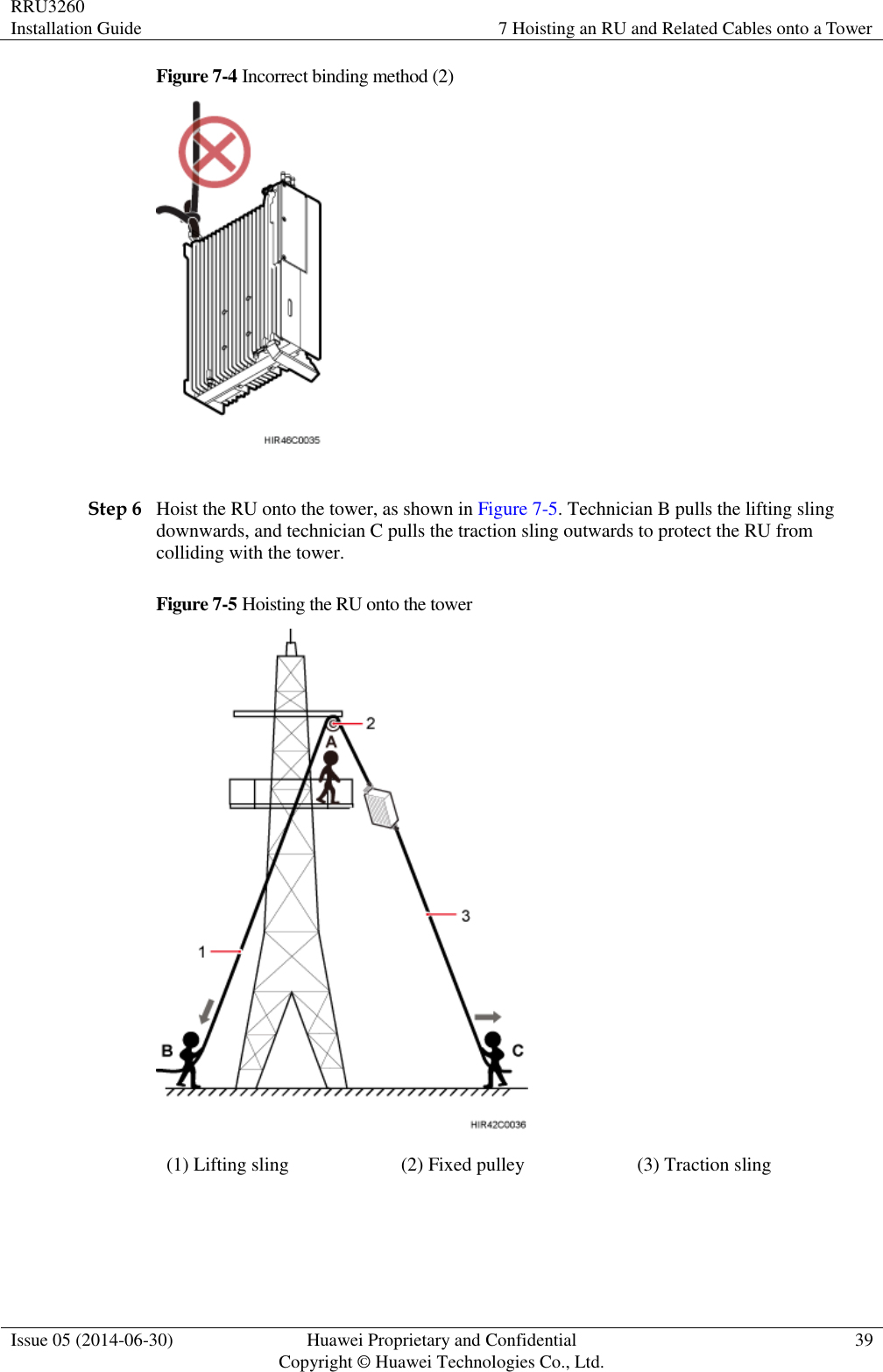 RRU3260 Installation Guide 7 Hoisting an RU and Related Cables onto a Tower  Issue 05 (2014-06-30) Huawei Proprietary and Confidential                                     Copyright © Huawei Technologies Co., Ltd. 39  Figure 7-4 Incorrect binding method (2)   Step 6 Hoist the RU onto the tower, as shown in Figure 7-5. Technician B pulls the lifting sling downwards, and technician C pulls the traction sling outwards to protect the RU from colliding with the tower. Figure 7-5 Hoisting the RU onto the tower  (1) Lifting sling (2) Fixed pulley (3) Traction sling   