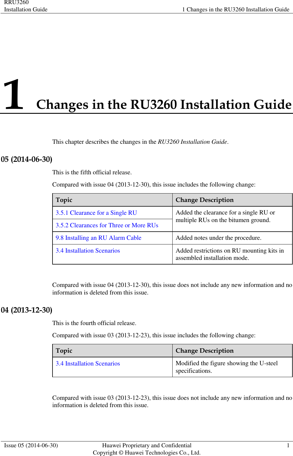 RRU3260 Installation Guide 1 Changes in the RU3260 Installation Guide  Issue 05 (2014-06-30) Huawei Proprietary and Confidential                                     Copyright © Huawei Technologies Co., Ltd. 1  1 Changes in the RU3260 Installation Guide This chapter describes the changes in the RU3260 Installation Guide. 05 (2014-06-30) This is the fifth official release. Compared with issue 04 (2013-12-30), this issue includes the following change: Topic Change Description 3.5.1 Clearance for a Single RU Added the clearance for a single RU or multiple RUs on the bitumen ground. 3.5.2 Clearances for Three or More RUs 9.8 Installing an RU Alarm Cable Added notes under the procedure. 3.4 Installation Scenarios Added restrictions on RU mounting kits in assembled installation mode.  Compared with issue 04 (2013-12-30), this issue does not include any new information and no information is deleted from this issue. 04 (2013-12-30) This is the fourth official release. Compared with issue 03 (2013-12-23), this issue includes the following change: Topic Change Description 3.4 Installation Scenarios Modified the figure showing the U-steel specifications.  Compared with issue 03 (2013-12-23), this issue does not include any new information and no information is deleted from this issue. 
