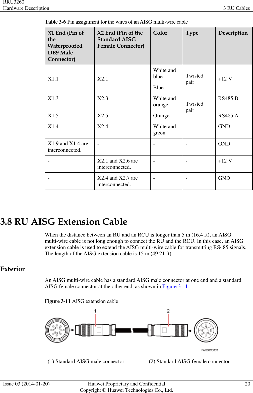 RRU3260 Hardware Description 3 RU Cables  Issue 03 (2014-01-20) Huawei Proprietary and Confidential                                     Copyright © Huawei Technologies Co., Ltd. 20  Table 3-6 Pin assignment for the wires of an AISG multi-wire cable X1 End (Pin of the Waterproofed DB9 Male Connector) X2 End (Pin of the Standard AISG Female Connector) Color Type Description X1.1 X2.1 White and blue Twisted pair +12 V Blue X1.3 X2.3 White and orange Twisted pair RS485 B X1.5 X2.5 Orange RS485 A X1.4 X2.4 White and green - GND X1.9 and X1.4 are interconnected. - - - GND - X2.1 and X2.6 are interconnected. - - +12 V - X2.4 and X2.7 are interconnected. - - GND  3.8 RU AISG Extension Cable When the distance between an RU and an RCU is longer than 5 m (16.4 ft), an AISG multi-wire cable is not long enough to connect the RU and the RCU. In this case, an AISG extension cable is used to extend the AISG multi-wire cable for transmitting RS485 signals. The length of the AISG extension cable is 15 m (49.21 ft). Exterior An AISG multi-wire cable has a standard AISG male connector at one end and a standard AISG female connector at the other end, as shown in Figure 3-11. Figure 3-11 AISG extension cable  (1) Standard AISG male connector (2) Standard AISG female connector 