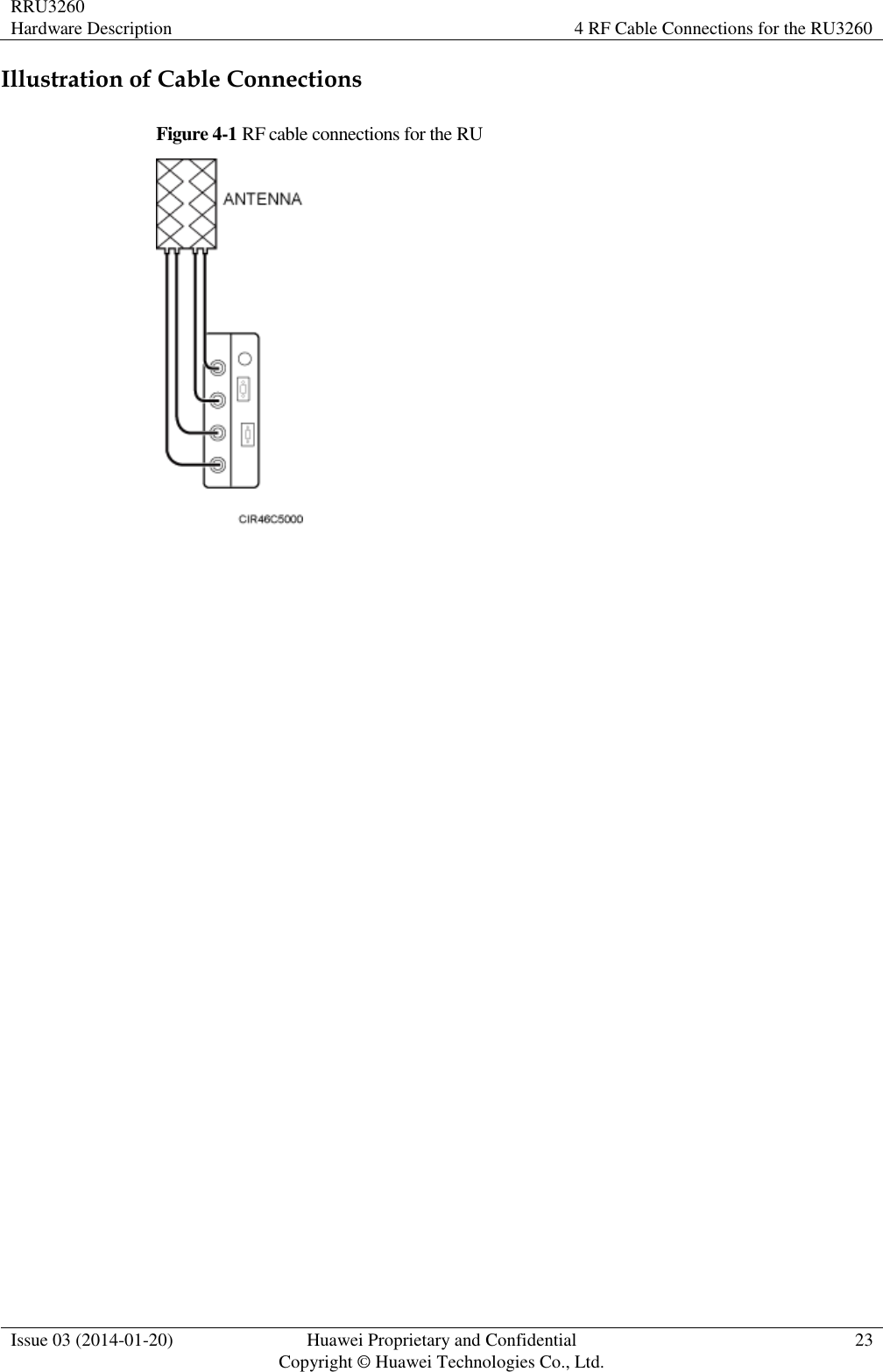 RRU3260 Hardware Description 4 RF Cable Connections for the RU3260  Issue 03 (2014-01-20) Huawei Proprietary and Confidential                                     Copyright © Huawei Technologies Co., Ltd. 23  Illustration of Cable Connections Figure 4-1 RF cable connections for the RU  