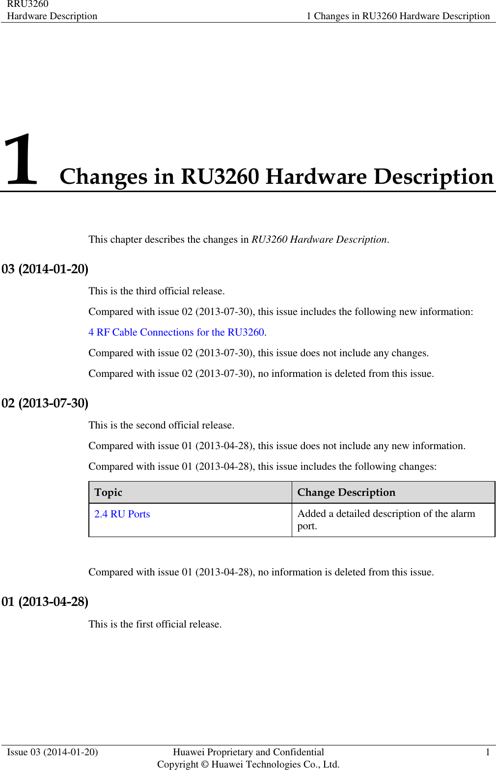 RRU3260 Hardware Description 1 Changes in RU3260 Hardware Description  Issue 03 (2014-01-20) Huawei Proprietary and Confidential                                     Copyright © Huawei Technologies Co., Ltd. 1  1 Changes in RU3260 Hardware Description This chapter describes the changes in RU3260 Hardware Description. 03 (2014-01-20) This is the third official release. Compared with issue 02 (2013-07-30), this issue includes the following new information: 4 RF Cable Connections for the RU3260. Compared with issue 02 (2013-07-30), this issue does not include any changes. Compared with issue 02 (2013-07-30), no information is deleted from this issue. 02 (2013-07-30) This is the second official release. Compared with issue 01 (2013-04-28), this issue does not include any new information. Compared with issue 01 (2013-04-28), this issue includes the following changes: Topic Change Description 2.4 RU Ports Added a detailed description of the alarm port.  Compared with issue 01 (2013-04-28), no information is deleted from this issue. 01 (2013-04-28) This is the first official release. 