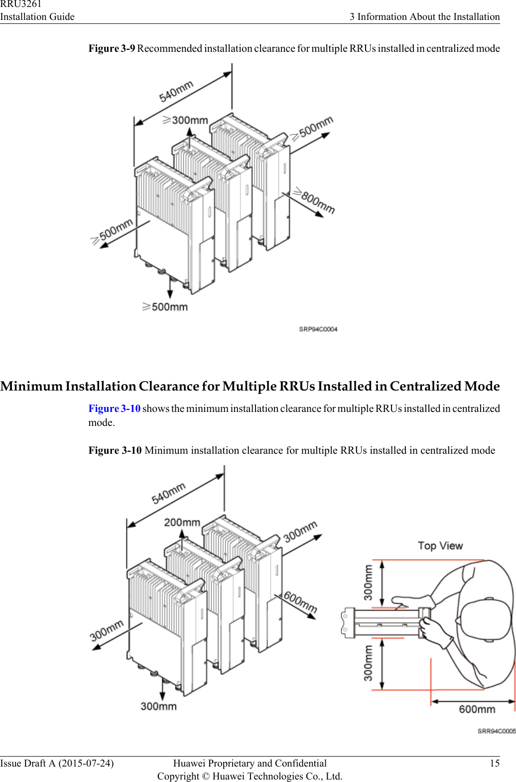 Figure 3-9 Recommended installation clearance for multiple RRUs installed in centralized mode Minimum Installation Clearance for Multiple RRUs Installed in Centralized ModeFigure 3-10 shows the minimum installation clearance for multiple RRUs installed in centralizedmode.Figure 3-10 Minimum installation clearance for multiple RRUs installed in centralized modeRRU3261Installation Guide 3 Information About the InstallationIssue Draft A (2015-07-24) Huawei Proprietary and ConfidentialCopyright © Huawei Technologies Co., Ltd.15