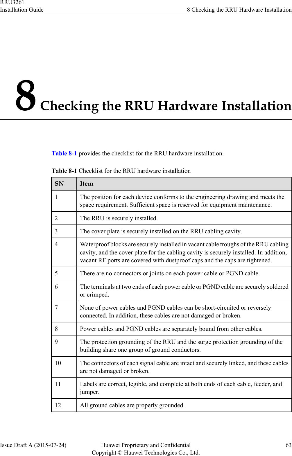 8 Checking the RRU Hardware InstallationTable 8-1 provides the checklist for the RRU hardware installation.Table 8-1 Checklist for the RRU hardware installationSN Item1The position for each device conforms to the engineering drawing and meets thespace requirement. Sufficient space is reserved for equipment maintenance.2 The RRU is securely installed.3 The cover plate is securely installed on the RRU cabling cavity.4 Waterproof blocks are securely installed in vacant cable troughs of the RRU cablingcavity, and the cover plate for the cabling cavity is securely installed. In addition,vacant RF ports are covered with dustproof caps and the caps are tightened.5 There are no connectors or joints on each power cable or PGND cable.6 The terminals at two ends of each power cable or PGND cable are securely solderedor crimped.7 None of power cables and PGND cables can be short-circuited or reverselyconnected. In addition, these cables are not damaged or broken.8 Power cables and PGND cables are separately bound from other cables.9 The protection grounding of the RRU and the surge protection grounding of thebuilding share one group of ground conductors.10 The connectors of each signal cable are intact and securely linked, and these cablesare not damaged or broken.11 Labels are correct, legible, and complete at both ends of each cable, feeder, andjumper.12 All ground cables are properly grounded.RRU3261Installation Guide 8 Checking the RRU Hardware InstallationIssue Draft A (2015-07-24) Huawei Proprietary and ConfidentialCopyright © Huawei Technologies Co., Ltd.63
