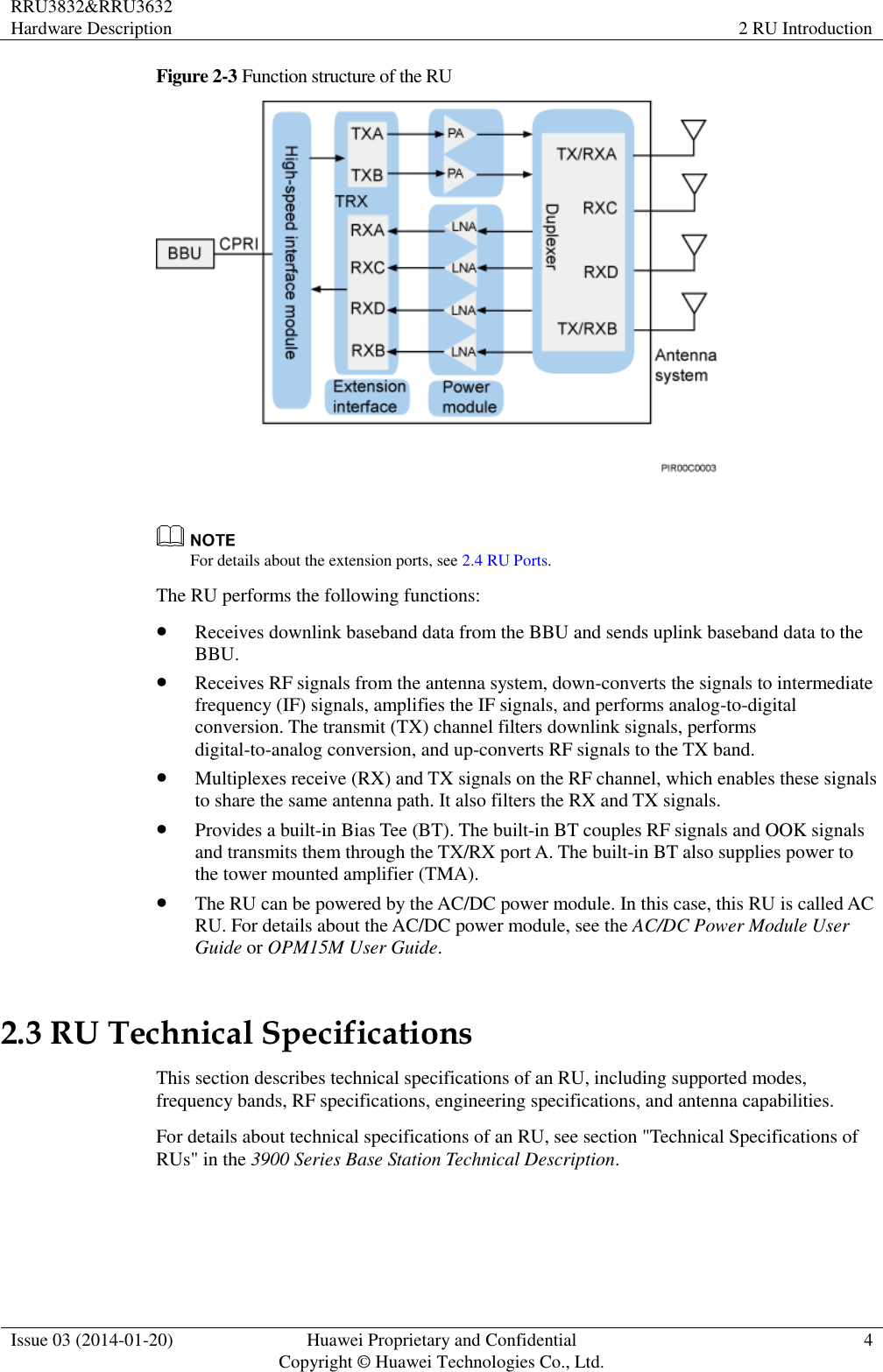 RRU3832&amp;RRU3632 Hardware Description 2 RU Introduction  Issue 03 (2014-01-20) Huawei Proprietary and Confidential                                     Copyright © Huawei Technologies Co., Ltd. 4  Figure 2-3 Function structure of the RU    For details about the extension ports, see 2.4 RU Ports. The RU performs the following functions:  Receives downlink baseband data from the BBU and sends uplink baseband data to the BBU.  Receives RF signals from the antenna system, down-converts the signals to intermediate frequency (IF) signals, amplifies the IF signals, and performs analog-to-digital conversion. The transmit (TX) channel filters downlink signals, performs digital-to-analog conversion, and up-converts RF signals to the TX band.  Multiplexes receive (RX) and TX signals on the RF channel, which enables these signals to share the same antenna path. It also filters the RX and TX signals.  Provides a built-in Bias Tee (BT). The built-in BT couples RF signals and OOK signals and transmits them through the TX/RX port A. The built-in BT also supplies power to the tower mounted amplifier (TMA).  The RU can be powered by the AC/DC power module. In this case, this RU is called AC RU. For details about the AC/DC power module, see the AC/DC Power Module User Guide or OPM15M User Guide. 2.3 RU Technical Specifications This section describes technical specifications of an RU, including supported modes, frequency bands, RF specifications, engineering specifications, and antenna capabilities. For details about technical specifications of an RU, see section &quot;Technical Specifications of RUs&quot; in the 3900 Series Base Station Technical Description. 