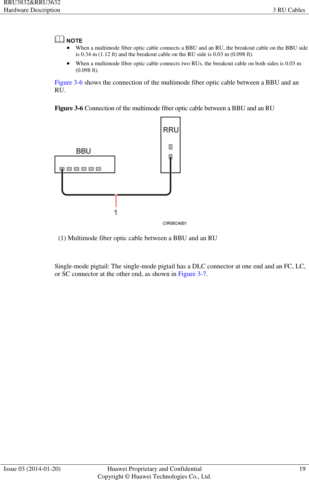 RRU3832&amp;RRU3632 Hardware Description 3 RU Cables  Issue 03 (2014-01-20) Huawei Proprietary and Confidential                                     Copyright © Huawei Technologies Co., Ltd. 19     When a multimode fiber optic cable connects a BBU and an RU, the breakout cable on the BBU side is 0.34 m (1.12 ft) and the breakout cable on the RU side is 0.03 m (0.098 ft).  When a multimode fiber optic cable connects two RUs, the breakout cable on both sides is 0.03 m (0.098 ft). Figure 3-6 shows the connection of the multimode fiber optic cable between a BBU and an RU. Figure 3-6 Connection of the multimode fiber optic cable between a BBU and an RU  (1) Multimode fiber optic cable between a BBU and an RU  Single-mode pigtail: The single-mode pigtail has a DLC connector at one end and an FC, LC, or SC connector at the other end, as shown in Figure 3-7. 