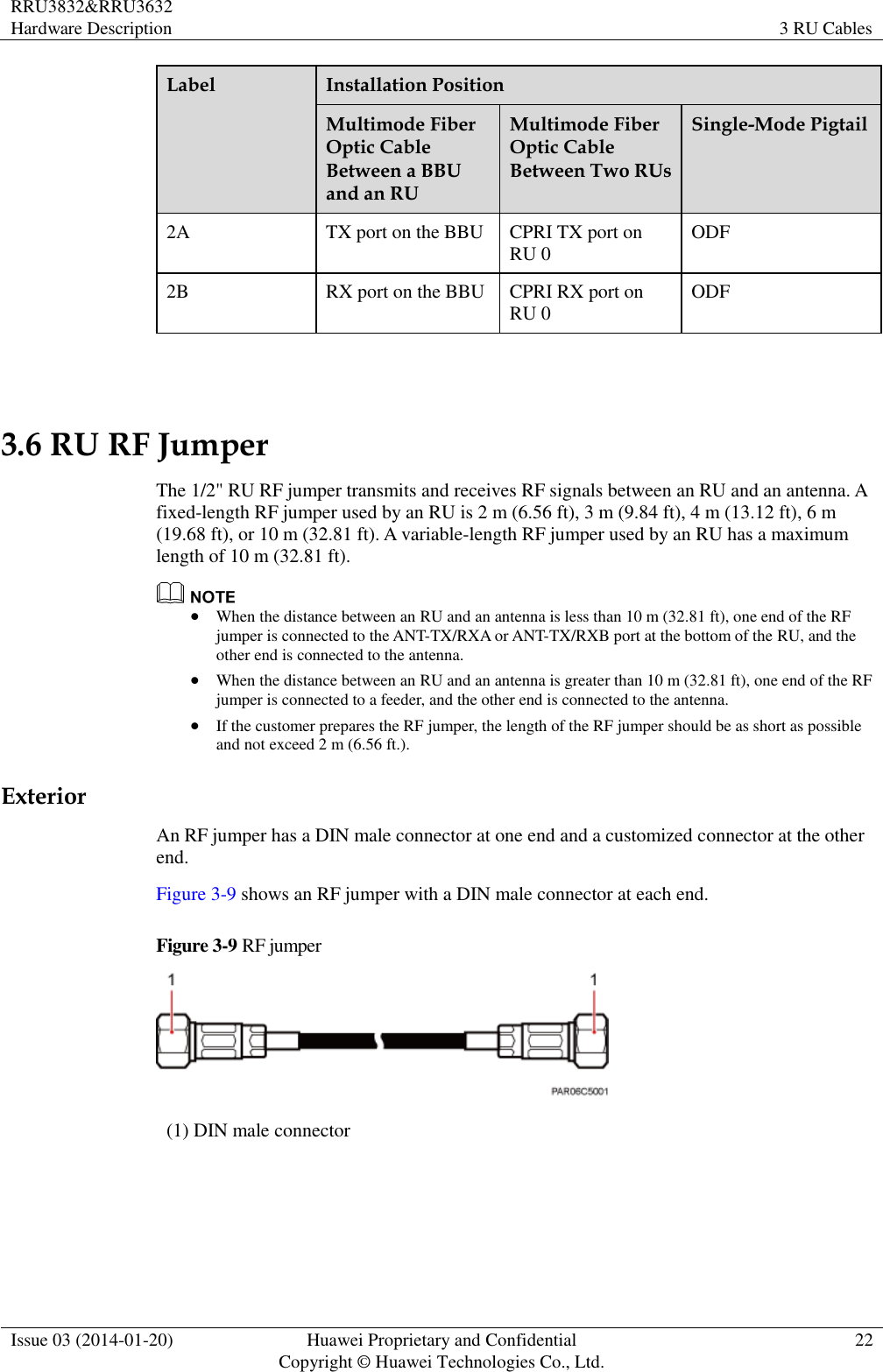 RRU3832&amp;RRU3632 Hardware Description 3 RU Cables  Issue 03 (2014-01-20) Huawei Proprietary and Confidential                                     Copyright © Huawei Technologies Co., Ltd. 22  Label Installation Position Multimode Fiber Optic Cable Between a BBU and an RU Multimode Fiber Optic Cable Between Two RUs Single-Mode Pigtail 2A TX port on the BBU CPRI TX port on RU 0 ODF 2B RX port on the BBU CPRI RX port on RU 0 ODF  3.6 RU RF Jumper The 1/2&quot; RU RF jumper transmits and receives RF signals between an RU and an antenna. A fixed-length RF jumper used by an RU is 2 m (6.56 ft), 3 m (9.84 ft), 4 m (13.12 ft), 6 m (19.68 ft), or 10 m (32.81 ft). A variable-length RF jumper used by an RU has a maximum length of 10 m (32.81 ft).   When the distance between an RU and an antenna is less than 10 m (32.81 ft), one end of the RF jumper is connected to the ANT-TX/RXA or ANT-TX/RXB port at the bottom of the RU, and the other end is connected to the antenna.  When the distance between an RU and an antenna is greater than 10 m (32.81 ft), one end of the RF jumper is connected to a feeder, and the other end is connected to the antenna.  If the customer prepares the RF jumper, the length of the RF jumper should be as short as possible and not exceed 2 m (6.56 ft.). Exterior An RF jumper has a DIN male connector at one end and a customized connector at the other end. Figure 3-9 shows an RF jumper with a DIN male connector at each end.   Figure 3-9 RF jumper  (1) DIN male connector  