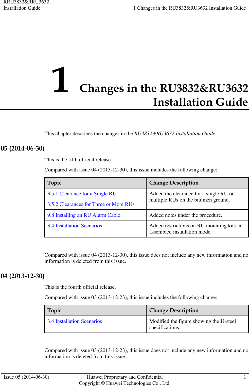 RRU3832&amp;RRU3632 Installation Guide 1 Changes in the RU3832&amp;RU3632 Installation Guide  Issue 05 (2014-06-30) Huawei Proprietary and Confidential                                     Copyright © Huawei Technologies Co., Ltd. 1  1 Changes in the RU3832&amp;RU3632 Installation Guide This chapter describes the changes in the RU3832&amp;RU3632 Installation Guide. 05 (2014-06-30) This is the fifth official release. Compared with issue 04 (2013-12-30), this issue includes the following change: Topic Change Description 3.5.1 Clearance for a Single RU Added the clearance for a single RU or multiple RUs on the bitumen ground. 3.5.2 Clearances for Three or More RUs 9.8 Installing an RU Alarm Cable Added notes under the procedure. 3.4 Installation Scenarios Added restrictions on RU mounting kits in assembled installation mode.  Compared with issue 04 (2013-12-30), this issue does not include any new information and no information is deleted from this issue. 04 (2013-12-30) This is the fourth official release. Compared with issue 03 (2013-12-23), this issue includes the following change: Topic Change Description 3.4 Installation Scenarios Modified the figure showing the U-steel specifications.  Compared with issue 03 (2013-12-23), this issue does not include any new information and no information is deleted from this issue. 