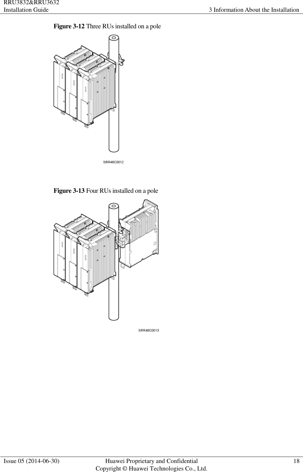 RRU3832&amp;RRU3632 Installation Guide 3 Information About the Installation  Issue 05 (2014-06-30) Huawei Proprietary and Confidential                                     Copyright © Huawei Technologies Co., Ltd. 18  Figure 3-12 Three RUs installed on a pole   Figure 3-13 Four RUs installed on a pole   