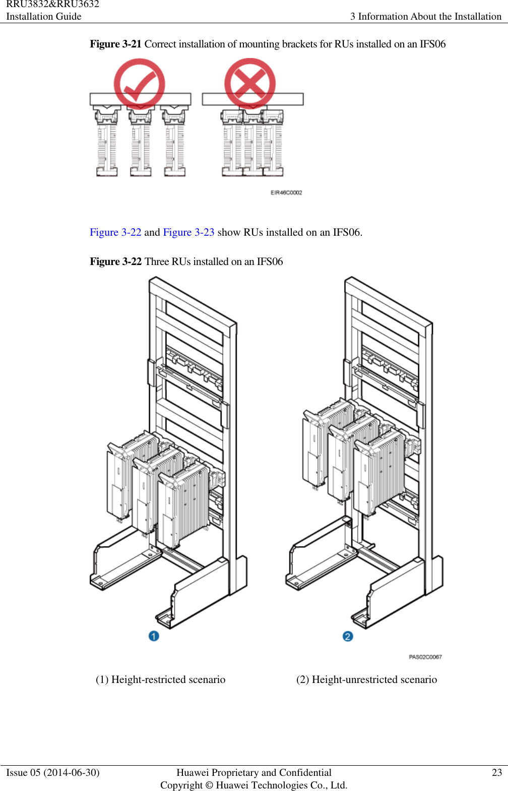 RRU3832&amp;RRU3632 Installation Guide 3 Information About the Installation  Issue 05 (2014-06-30) Huawei Proprietary and Confidential                                     Copyright © Huawei Technologies Co., Ltd. 23  Figure 3-21 Correct installation of mounting brackets for RUs installed on an IFS06   Figure 3-22 and Figure 3-23 show RUs installed on an IFS06. Figure 3-22 Three RUs installed on an IFS06  (1) Height-restricted scenario (2) Height-unrestricted scenario  