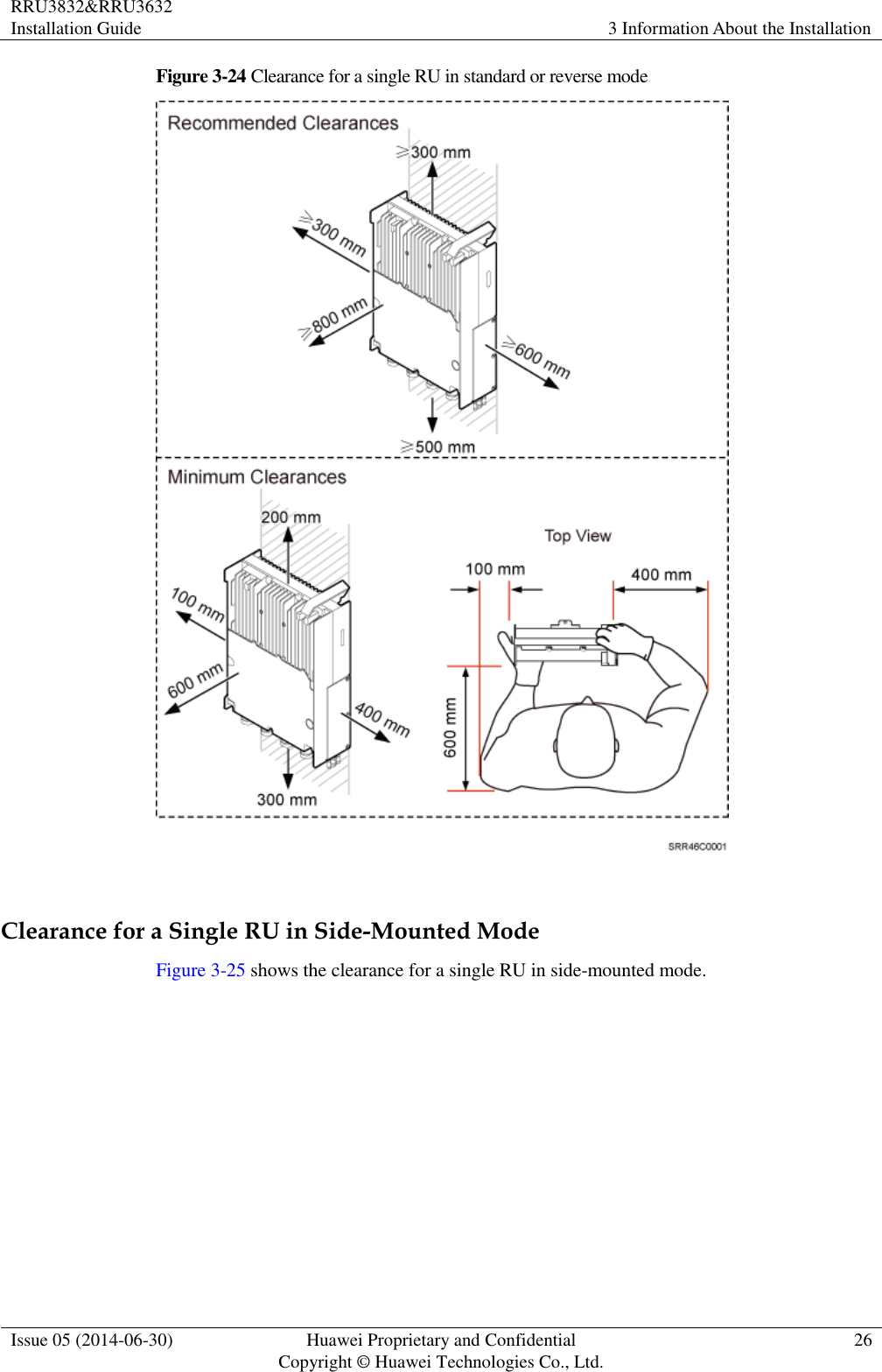 RRU3832&amp;RRU3632 Installation Guide 3 Information About the Installation  Issue 05 (2014-06-30) Huawei Proprietary and Confidential                                     Copyright © Huawei Technologies Co., Ltd. 26  Figure 3-24 Clearance for a single RU in standard or reverse mode   Clearance for a Single RU in Side-Mounted Mode Figure 3-25 shows the clearance for a single RU in side-mounted mode. 