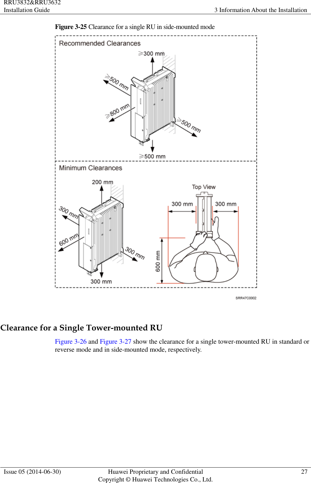 RRU3832&amp;RRU3632 Installation Guide 3 Information About the Installation  Issue 05 (2014-06-30) Huawei Proprietary and Confidential                                     Copyright © Huawei Technologies Co., Ltd. 27  Figure 3-25 Clearance for a single RU in side-mounted mode   Clearance for a Single Tower-mounted RU Figure 3-26 and Figure 3-27 show the clearance for a single tower-mounted RU in standard or reverse mode and in side-mounted mode, respectively. 
