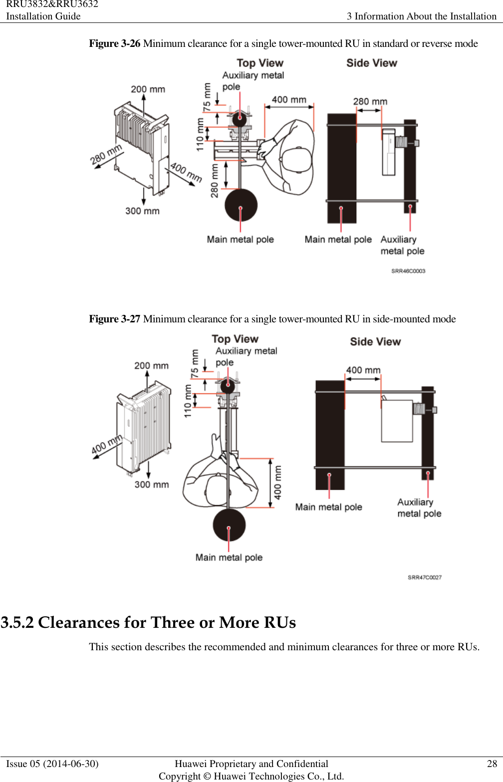 RRU3832&amp;RRU3632 Installation Guide 3 Information About the Installation  Issue 05 (2014-06-30) Huawei Proprietary and Confidential                                     Copyright © Huawei Technologies Co., Ltd. 28  Figure 3-26 Minimum clearance for a single tower-mounted RU in standard or reverse mode   Figure 3-27 Minimum clearance for a single tower-mounted RU in side-mounted mode   3.5.2 Clearances for Three or More RUs This section describes the recommended and minimum clearances for three or more RUs.  
