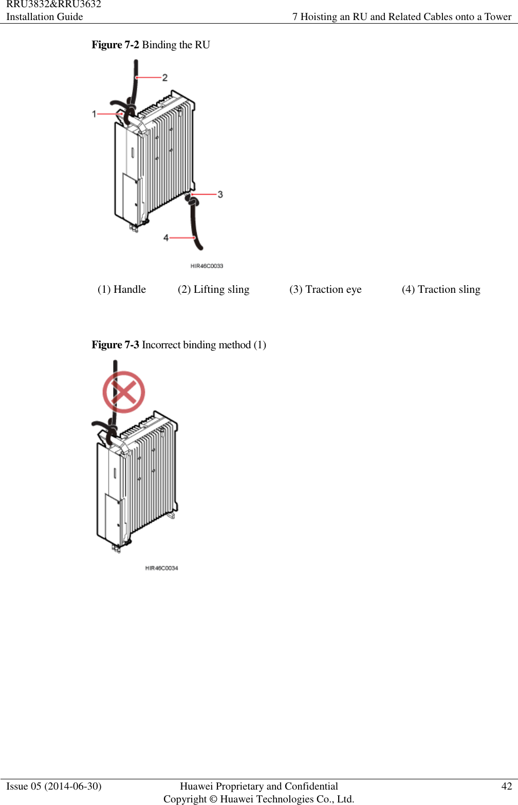 RRU3832&amp;RRU3632 Installation Guide 7 Hoisting an RU and Related Cables onto a Tower  Issue 05 (2014-06-30) Huawei Proprietary and Confidential                                     Copyright © Huawei Technologies Co., Ltd. 42  Figure 7-2 Binding the RU  (1) Handle (2) Lifting sling (3) Traction eye (4) Traction sling  Figure 7-3 Incorrect binding method (1)   