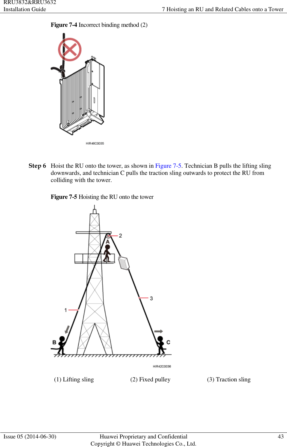 RRU3832&amp;RRU3632 Installation Guide 7 Hoisting an RU and Related Cables onto a Tower  Issue 05 (2014-06-30) Huawei Proprietary and Confidential                                     Copyright © Huawei Technologies Co., Ltd. 43  Figure 7-4 Incorrect binding method (2)   Step 6 Hoist the RU onto the tower, as shown in Figure 7-5. Technician B pulls the lifting sling downwards, and technician C pulls the traction sling outwards to protect the RU from colliding with the tower. Figure 7-5 Hoisting the RU onto the tower  (1) Lifting sling (2) Fixed pulley (3) Traction sling   