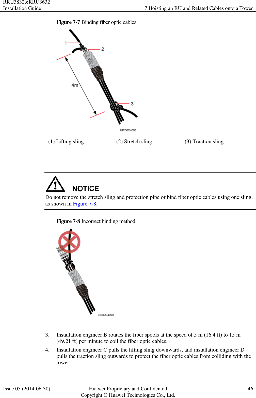 RRU3832&amp;RRU3632 Installation Guide 7 Hoisting an RU and Related Cables onto a Tower  Issue 05 (2014-06-30) Huawei Proprietary and Confidential                                     Copyright © Huawei Technologies Co., Ltd. 46  Figure 7-7 Binding fiber optic cables  (1) Lifting sling (2) Stretch sling (3) Traction sling    Do not remove the stretch sling and protection pipe or bind fiber optic cables using one sling, as shown in Figure 7-8. Figure 7-8 Incorrect binding method   3. Installation engineer B rotates the fiber spools at the speed of 5 m (16.4 ft) to 15 m (49.21 ft) per minute to coil the fiber optic cables. 4. Installation engineer C pulls the lifting sling downwards, and installation engineer D pulls the traction sling outwards to protect the fiber optic cables from colliding with the tower. 