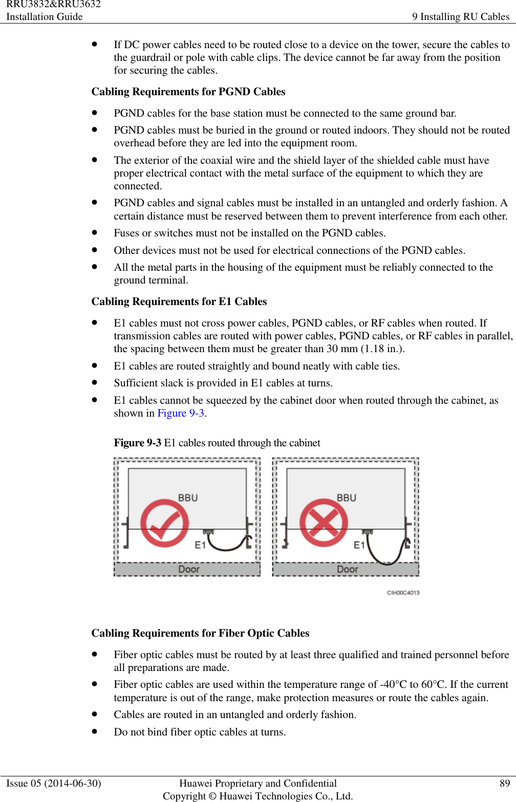 RRU3832&amp;RRU3632 Installation Guide 9 Installing RU Cables  Issue 05 (2014-06-30) Huawei Proprietary and Confidential                                     Copyright © Huawei Technologies Co., Ltd. 89   If DC power cables need to be routed close to a device on the tower, secure the cables to the guardrail or pole with cable clips. The device cannot be far away from the position for securing the cables. Cabling Requirements for PGND Cables  PGND cables for the base station must be connected to the same ground bar.  PGND cables must be buried in the ground or routed indoors. They should not be routed overhead before they are led into the equipment room.  The exterior of the coaxial wire and the shield layer of the shielded cable must have proper electrical contact with the metal surface of the equipment to which they are connected.  PGND cables and signal cables must be installed in an untangled and orderly fashion. A certain distance must be reserved between them to prevent interference from each other.  Fuses or switches must not be installed on the PGND cables.  Other devices must not be used for electrical connections of the PGND cables.  All the metal parts in the housing of the equipment must be reliably connected to the ground terminal. Cabling Requirements for E1 Cables  E1 cables must not cross power cables, PGND cables, or RF cables when routed. If transmission cables are routed with power cables, PGND cables, or RF cables in parallel, the spacing between them must be greater than 30 mm (1.18 in.).  E1 cables are routed straightly and bound neatly with cable ties.  Sufficient slack is provided in E1 cables at turns.  E1 cables cannot be squeezed by the cabinet door when routed through the cabinet, as shown in Figure 9-3. Figure 9-3 E1 cables routed through the cabinet   Cabling Requirements for Fiber Optic Cables  Fiber optic cables must be routed by at least three qualified and trained personnel before all preparations are made.  Fiber optic cables are used within the temperature range of -40°C to 60°C. If the current temperature is out of the range, make protection measures or route the cables again.  Cables are routed in an untangled and orderly fashion.  Do not bind fiber optic cables at turns. 