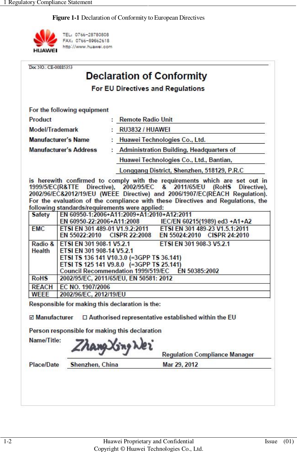 1 Regulatory Compliance Statement1-2 HuaweiProprietary and ConfidentialCopyright © Huawei Technologies Co., Ltd. Issue  (01)Figure 1-1 Declaration of Conformity to European Directives