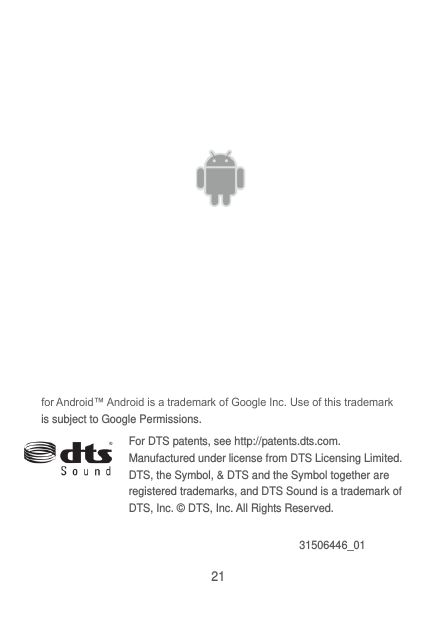 21  for Android™ Android is a trademark of Google Inc. Use of this trademark is subject to Google Permissions.   For DTS patents, see http://patents.dts.com. Manufactured under license from DTS Licensing Limited. DTS, the Symbol, &amp; DTS and the Symbol together are registered trademarks, and DTS Sound is a trademark of DTS, Inc. © DTS, Inc. All Rights Reserved. 31506446_01 