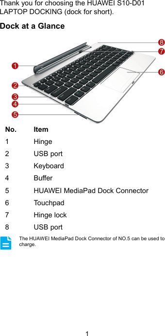 1 Thank you for choosing the HUAWEI S10-D01 LAPTOP DOCKING (dock for short). Dock at a Glance  No. Item 1  Hinge 2  USB port 3  Keyboard 4  Buffer 5 HUAWEI MediaPad Dock Connector 6 Touchpad 7 Hinge lock 8 USB port  The HUAWEI MediaPad Dock Connector of NO.5 can be used to charge.   