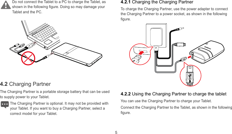  5 4.2.1 Charging the Charging Partner Do not connect the Tablet to a PC to charge the Tablet, as shown in the following figure. Doing so may damage your Tablet and the PC.  To charge the Charging Partner, use the power adapter to connect the Charging Partner to a power socket, as shown in the following figure.   4.2 Charging Partner  The Charging Partner is a portable storage battery that can be used to supply power to your Tablet. 4.2.2 Using the Charging Partner to charge the tablet You can use the Charging Partner to charge your Tablet. The Charging Partner is optional. It may not be provided with our Tablet. If you want to buy a Charging Partner, select a correct model for your Tablet. Connect the Charging Partner to the Tablet, as shown in the following figure. y 
