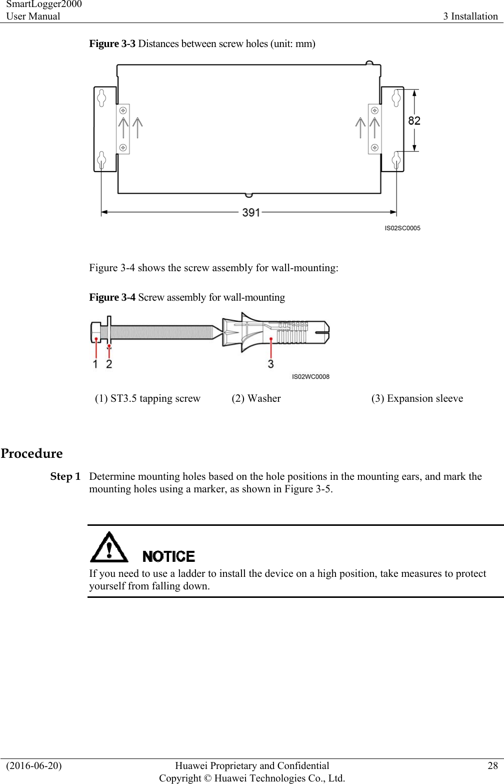 SmartLogger2000 User Manual  3 Installation (2016-06-20)  Huawei Proprietary and Confidential         Copyright © Huawei Technologies Co., Ltd.28 Figure 3-3 Distances between screw holes (unit: mm)   Figure 3-4 shows the screw assembly for wall-mounting:   Figure 3-4 Screw assembly for wall-mounting  (1) ST3.5 tapping screw  (2) Washer  (3) Expansion sleeve  Procedure Step 1 Determine mounting holes based on the hole positions in the mounting ears, and mark the mounting holes using a marker, as shown in Figure 3-5.   If you need to use a ladder to install the device on a high position, take measures to protect yourself from falling down.   