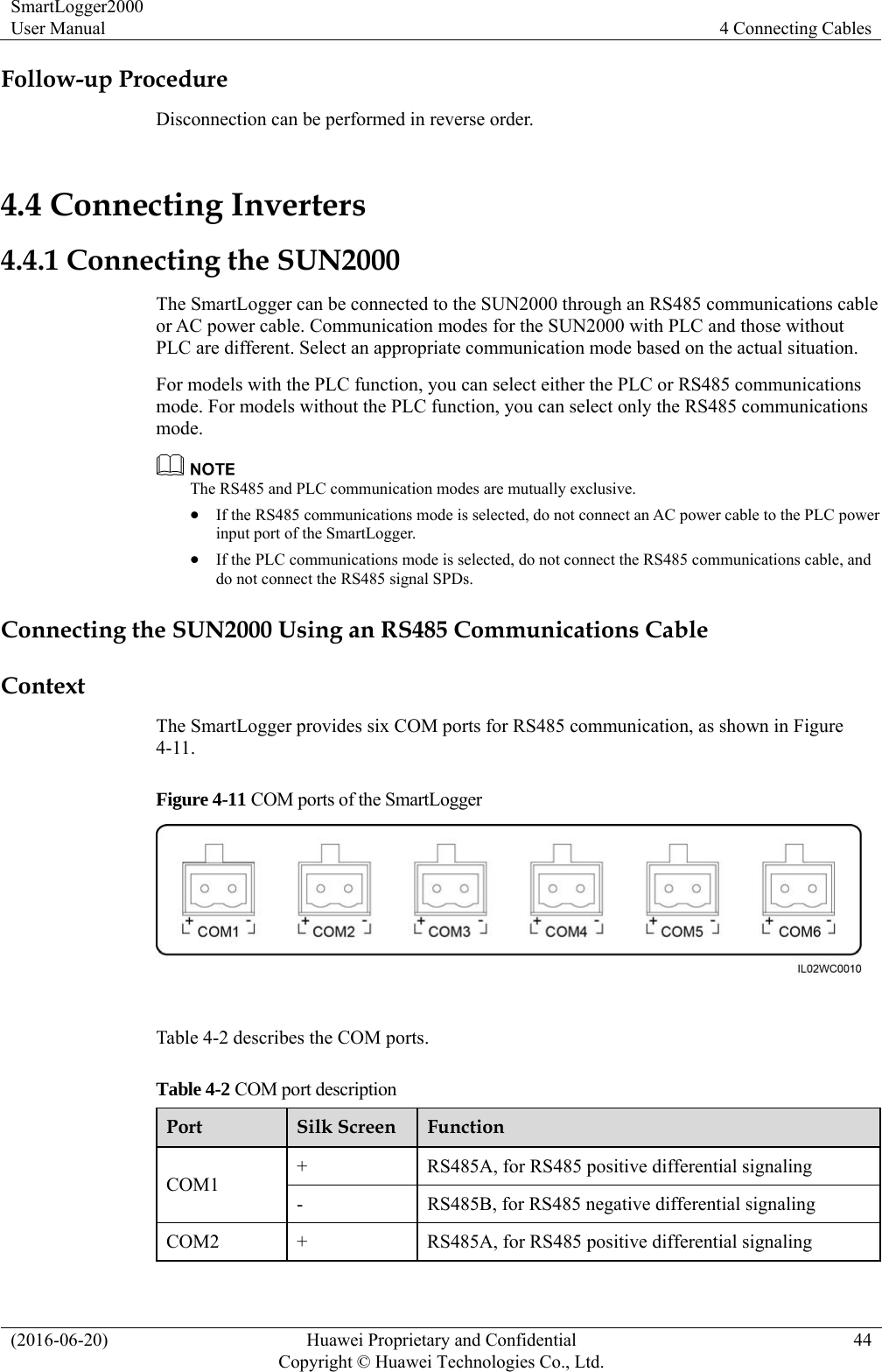 SmartLogger2000 User Manual  4 Connecting Cables (2016-06-20)  Huawei Proprietary and Confidential         Copyright © Huawei Technologies Co., Ltd.44 Follow-up Procedure Disconnection can be performed in reverse order. 4.4 Connecting Inverters 4.4.1 Connecting the SUN2000 The SmartLogger can be connected to the SUN2000 through an RS485 communications cable or AC power cable. Communication modes for the SUN2000 with PLC and those without PLC are different. Select an appropriate communication mode based on the actual situation.   For models with the PLC function, you can select either the PLC or RS485 communications mode. For models without the PLC function, you can select only the RS485 communications mode.   The RS485 and PLC communication modes are mutually exclusive.    If the RS485 communications mode is selected, do not connect an AC power cable to the PLC power input port of the SmartLogger.    If the PLC communications mode is selected, do not connect the RS485 communications cable, and do not connect the RS485 signal SPDs. Connecting the SUN2000 Using an RS485 Communications Cable Context The SmartLogger provides six COM ports for RS485 communication, as shown in Figure 4-11. Figure 4-11 COM ports of the SmartLogger   Table 4-2 describes the COM ports. Table 4-2 COM port description Port  Silk Screen  Function COM1 +  RS485A, for RS485 positive differential signaling -  RS485B, for RS485 negative differential signaling COM2  +  RS485A, for RS485 positive differential signaling 