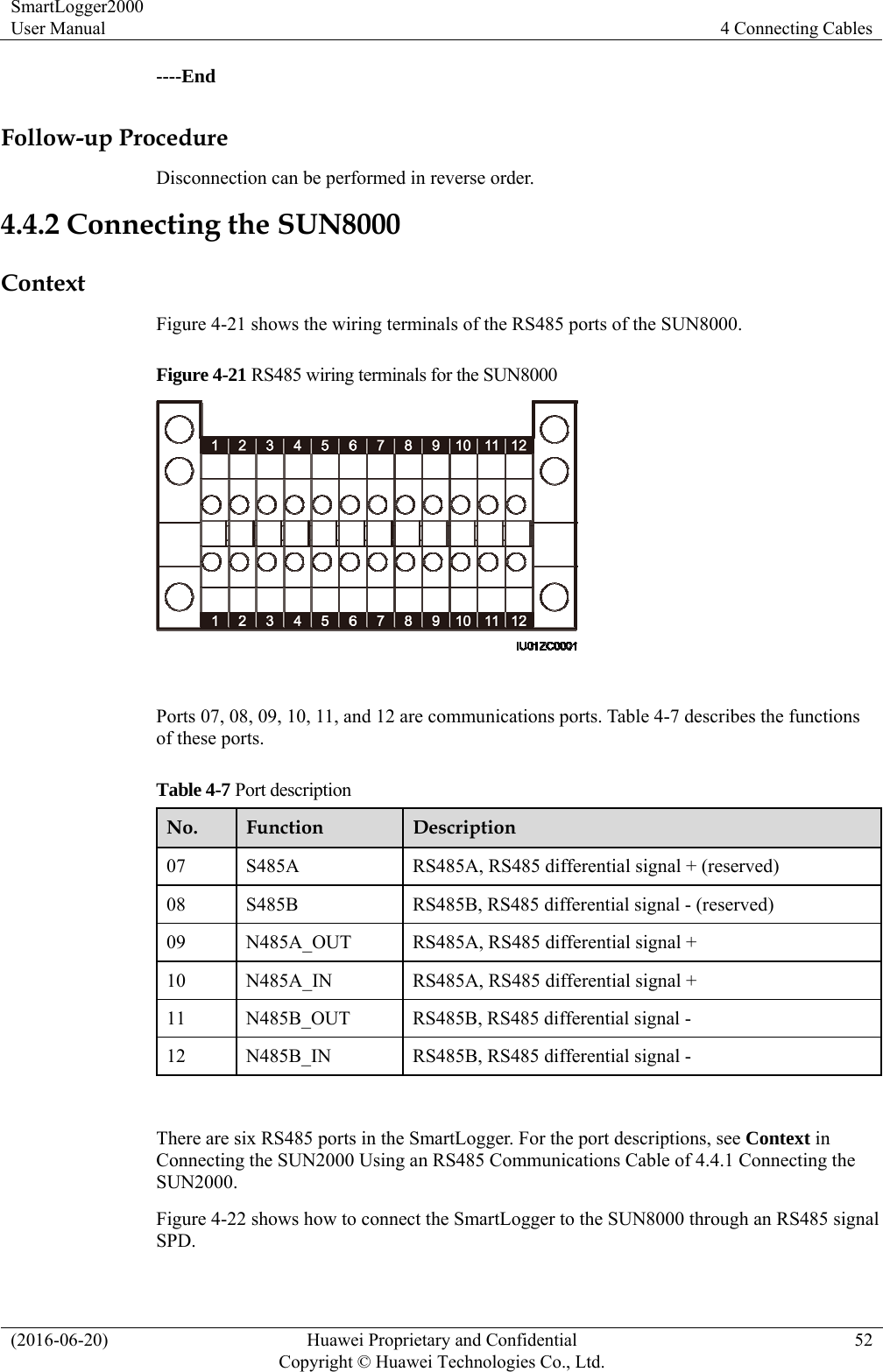 SmartLogger2000 User Manual  4 Connecting Cables (2016-06-20)  Huawei Proprietary and Confidential         Copyright © Huawei Technologies Co., Ltd.52 ----End Follow-up Procedure Disconnection can be performed in reverse order. 4.4.2 Connecting the SUN8000 Context Figure 4-21 shows the wiring terminals of the RS485 ports of the SUN8000. Figure 4-21 RS485 wiring terminals for the SUN8000   Ports 07, 08, 09, 10, 11, and 12 are communications ports. Table 4-7 describes the functions of these ports. Table 4-7 Port description No.  Function  Description 07  S485A  RS485A, RS485 differential signal + (reserved) 08  S485B  RS485B, RS485 differential signal - (reserved) 09  N485A_OUT  RS485A, RS485 differential signal + 10  N485A_IN  RS485A, RS485 differential signal + 11  N485B_OUT  RS485B, RS485 differential signal - 12  N485B_IN  RS485B, RS485 differential signal -  There are six RS485 ports in the SmartLogger. For the port descriptions, see Context in Connecting the SUN2000 Using an RS485 Communications Cable of 4.4.1 Connecting the SUN2000. Figure 4-22 shows how to connect the SmartLogger to the SUN8000 through an RS485 signal SPD. 